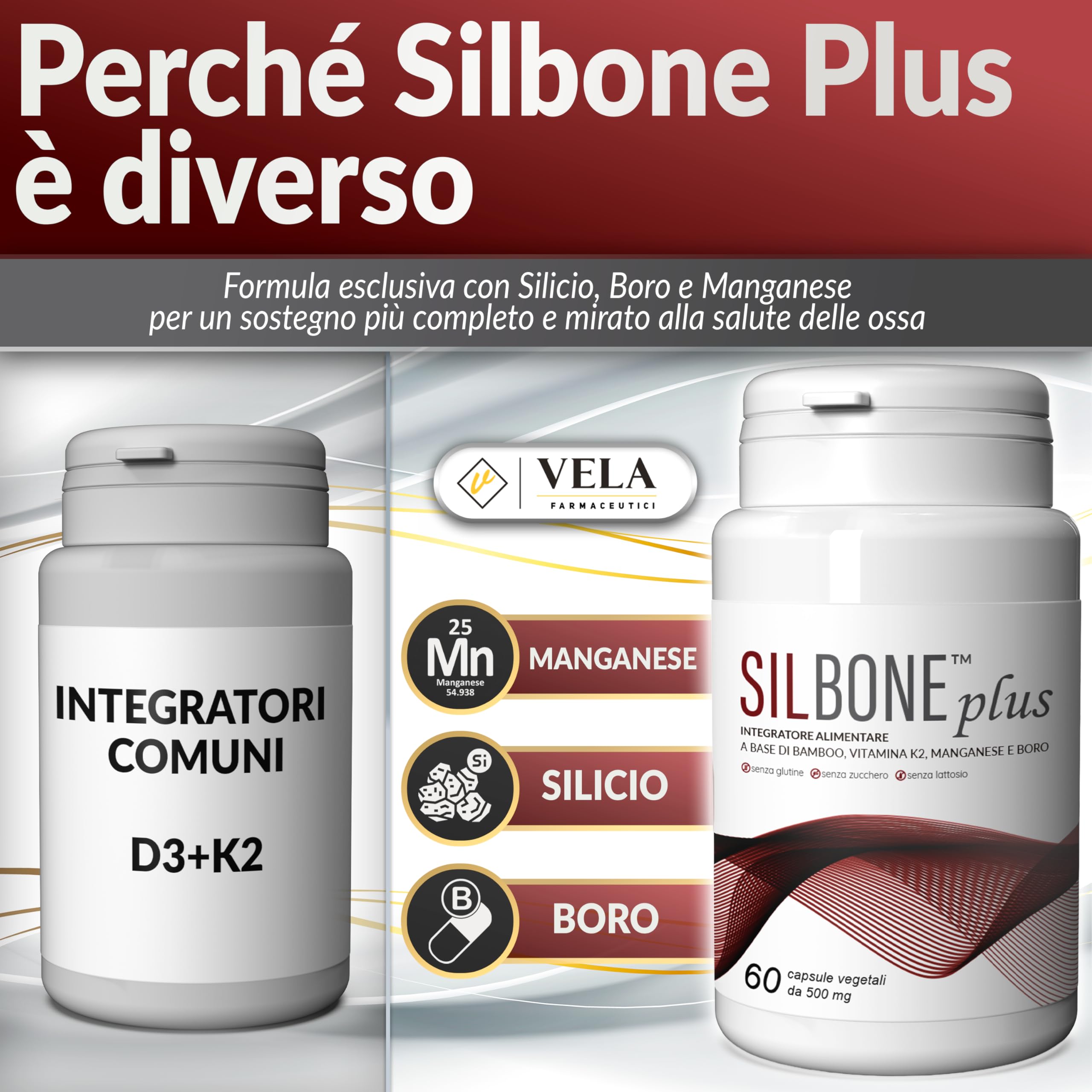 SILBONE PLUS - Integratore Ossa e Articolazioni Premium con Vitamina K2 MK7, Silicio da Bamboo, Boro e Manganese, Coadiuvante per il Tessuto Connettivo - Made in Italy 60Cps - Vela Farmaceutici