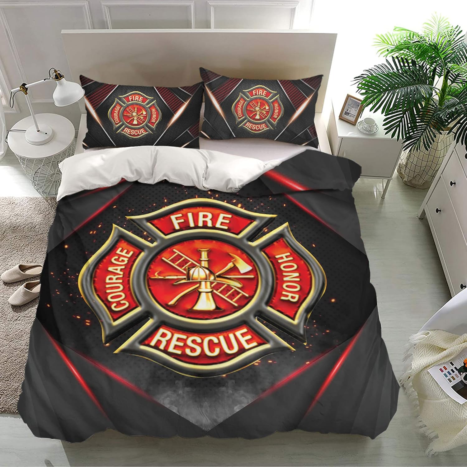 OhaPrints Personalized Firefighter Duvet Cover, Proud Firefighter Uniform Bedding Set & Pillowcases, Custom Name Soft Lightweight Twin Full Queen King Comforter Cover Bed Set Gift for Fireman
