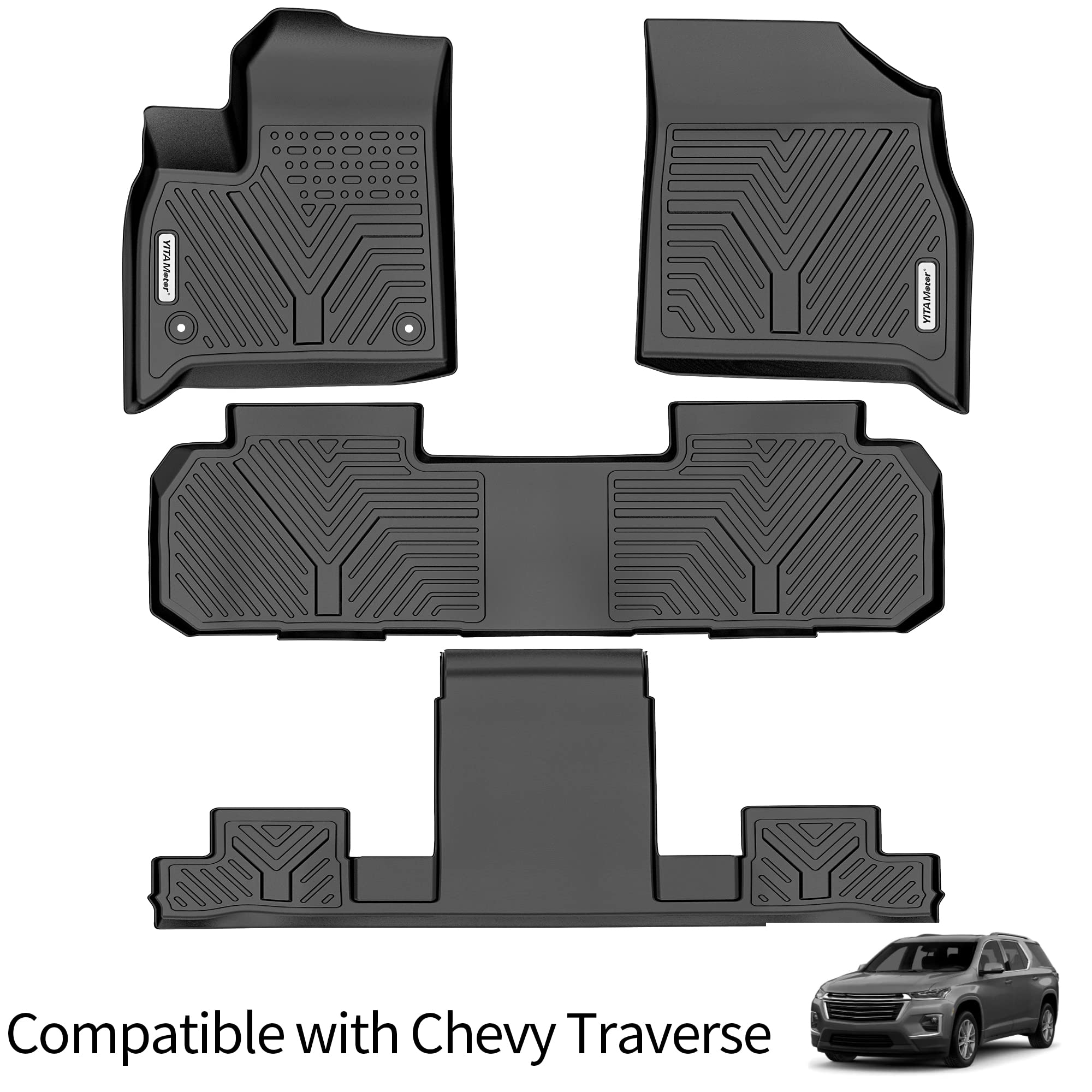 YITAMOTOR Floor Mats Compatible with 2018-2022 Chevy Traverse with 2nd Row Bucket Seats, 1st, 2nd and 3rd Row All-Weather Protection, Black