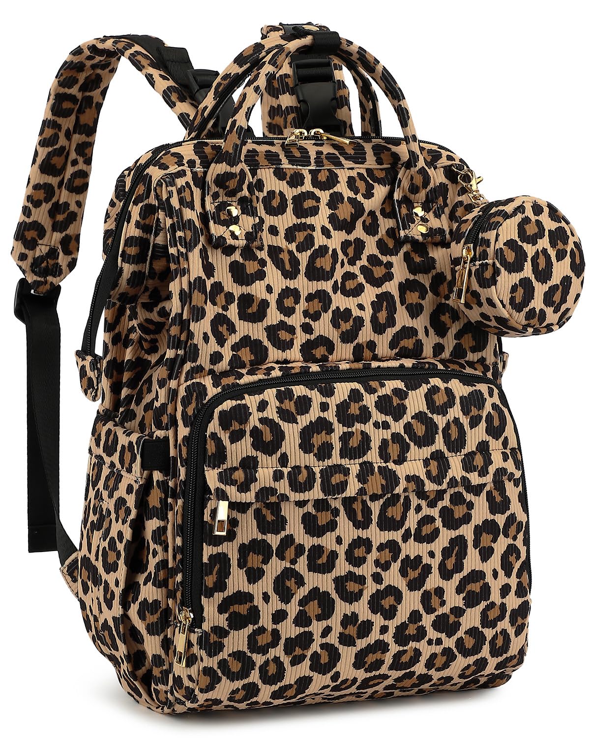 fufazfo Corduroy Diaper Bag Backpack, Large Capacity Multifunction Baby Diaper Bags for Women, Insulated Bottle Pockets & Pacifier Case, Stylish Travel Nappy Changing Bags for Mom Dad (Leopard Brown)