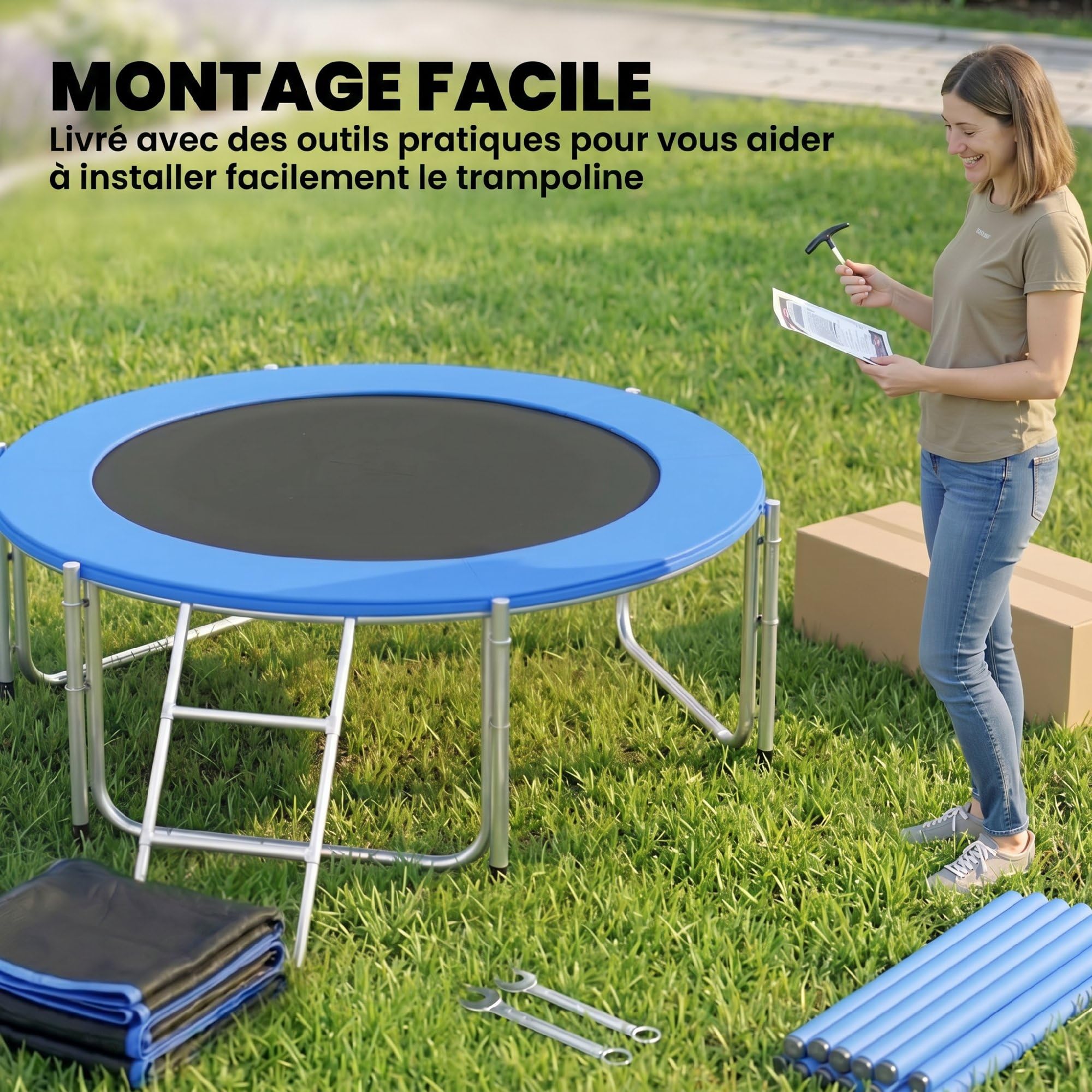 SPORTNOW Trampoline Extérieur Ø183cm pour Enfants et Adultes - Trampoline de Jardin Hauteur 2m avec 6 Poteaux au Sol Ultra Stables - Charge 80kg, 36 Ressorts, Échelle et Protection XXL 25cm, Bleu