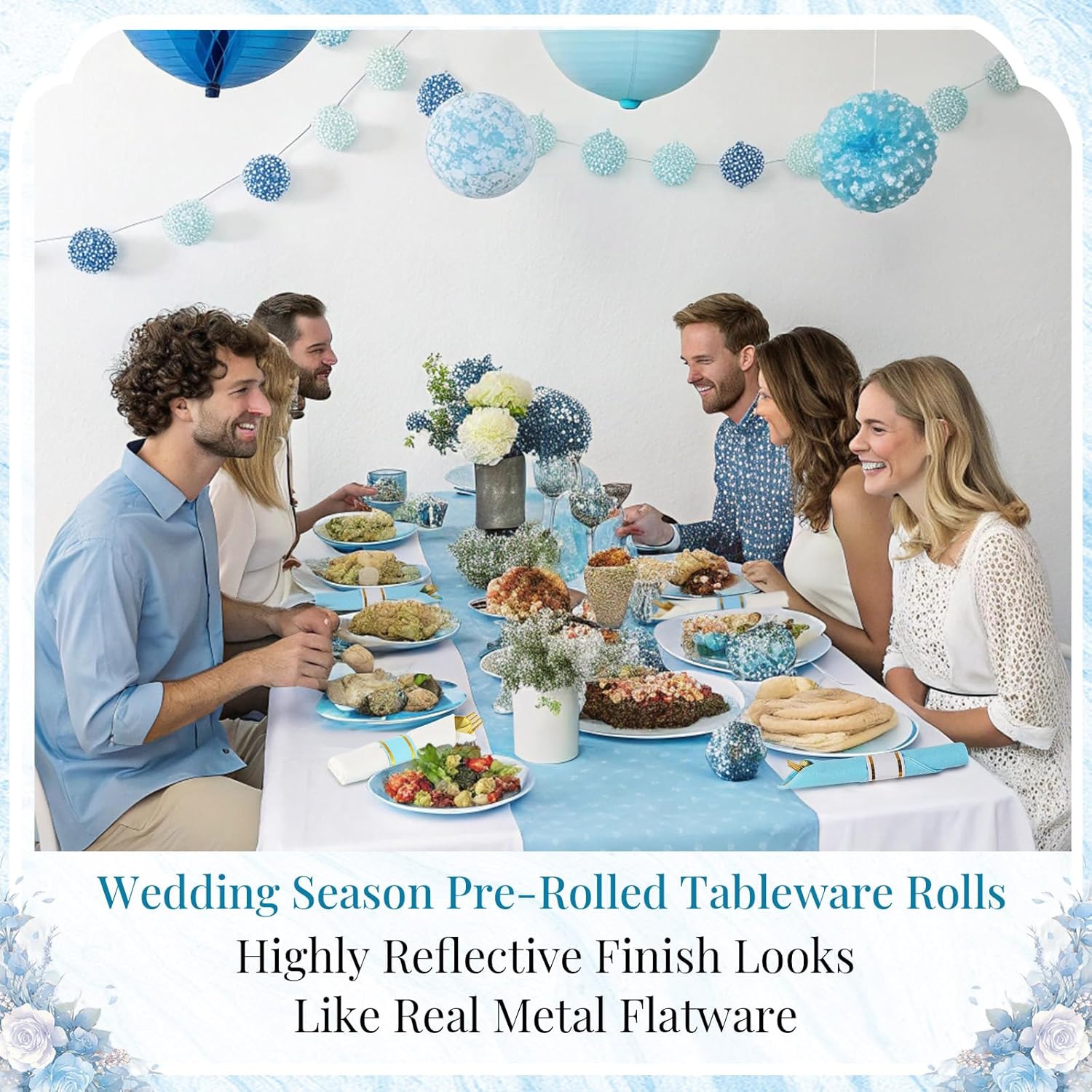 Lasnten 50 Pack/200 Pcs Pre Rolled Gold Plastic Silverware Set Disposable Wrapped Plastic Cutlery Set Include Blue and White Napkins Knives Spoons and Forks for Wedding Baby Shower Birthday Party