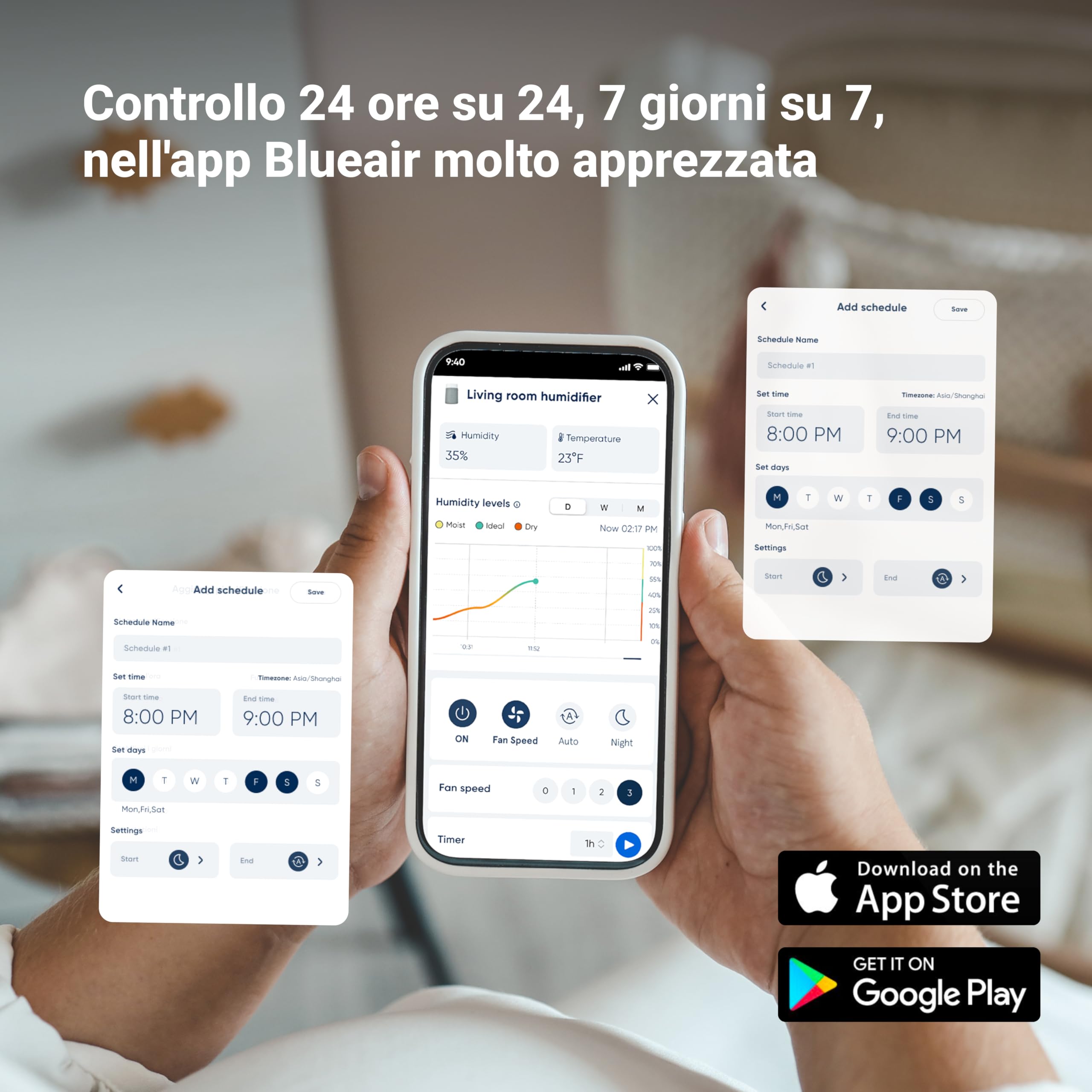 BLUEAIR Umidificatore Intelligente, Serbatoio 3.5L lavabile in lavastoviglie per ambienti di grandi dimensioni, sonno migliore con la tecnologia di evaporazione, modalità automatica e notturna