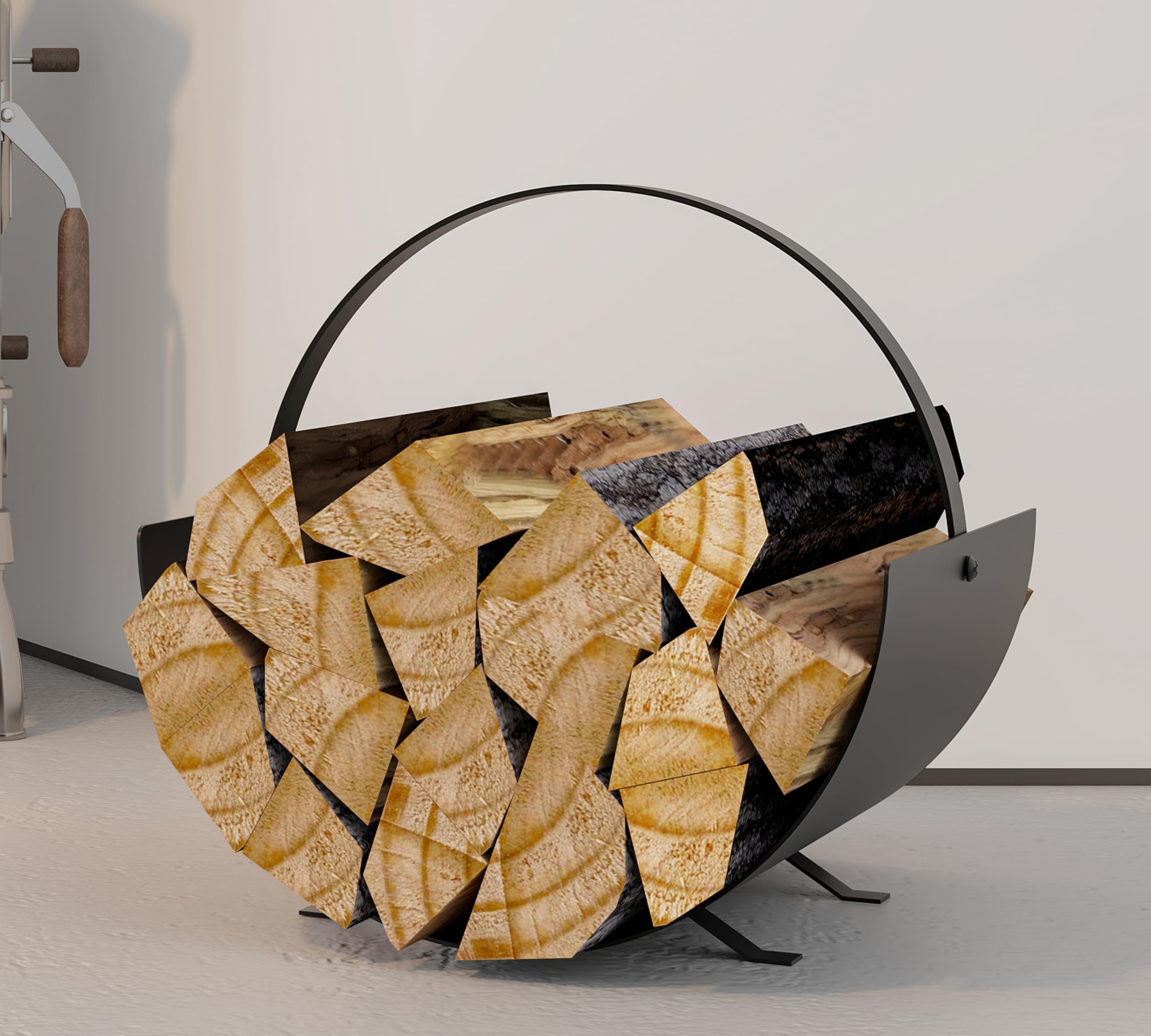 Kingson Cesta de leña para chimenea interior, soporte de troncos de acero arqueado con mango de hierro plano, almacenamiento de leña negro, soporte decorativo para leña, 35 x 28 x 36 cm