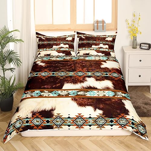 Miniatura 3 de Erosebridal Funda de edredón de piel de vaca, color marrón, estampado de vaca de las tierras altas, juego de ropa de cama occidental, juego de cama
