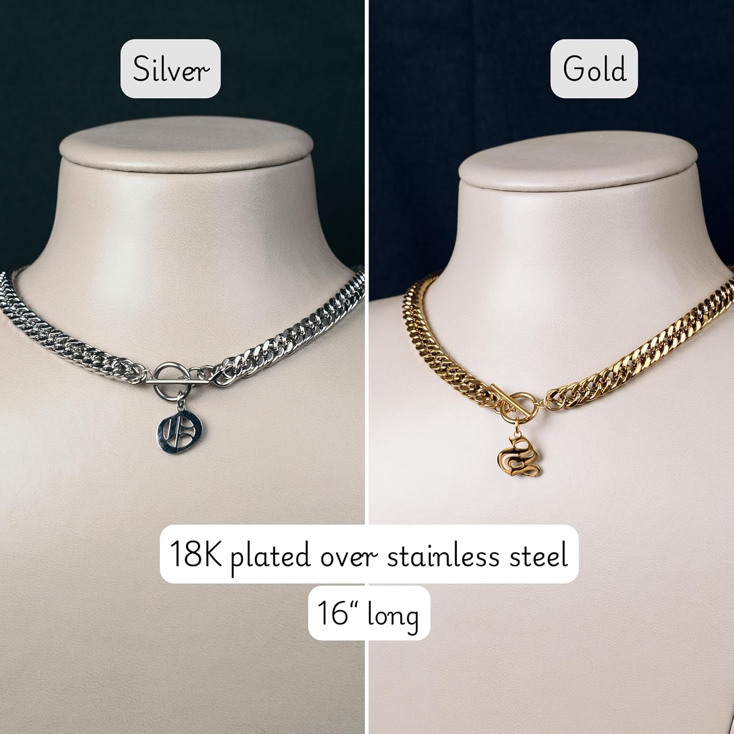 18K Gold Old English Initial Necklace For Women, Dainty A-Z Pendant Letter with Stainless Steel Cuban Chunky Chain Choker Necklace Halloween Christmas Jewelry Gifts - Image 3