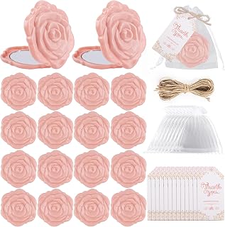 Framendino, 20 Set Rose Compact Mirror Bulk Wedding Party Favors Including Portable Mini Shape Mirrors Thank You Tag White Organza Bag and Jute Twine for Bridal Shower Souvenirs (Nude Pink)