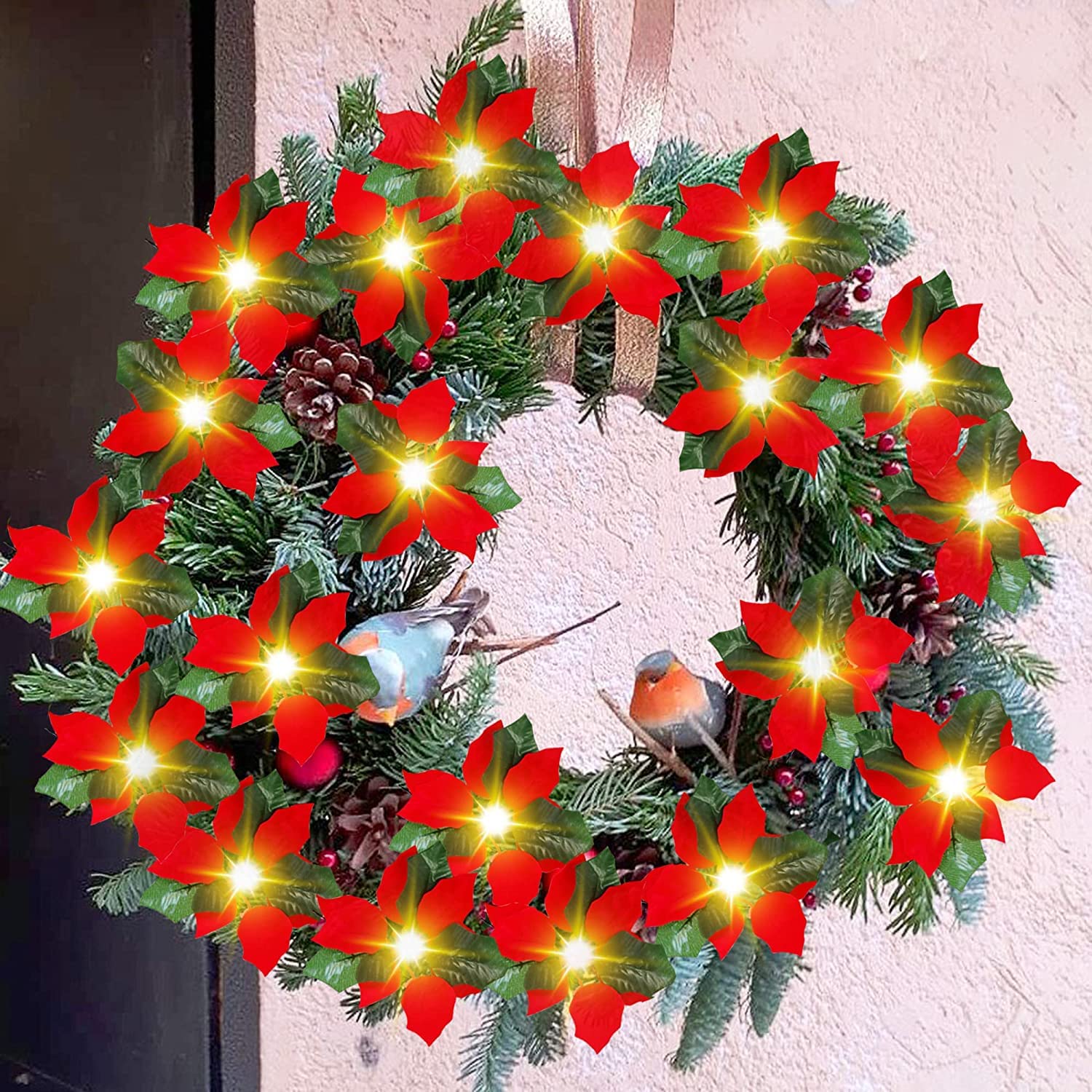 LED付きクリスマスリース ポインセチア Amazon.co.jp: YuraYura クリスマス 飾り リース ポインセチア 2M