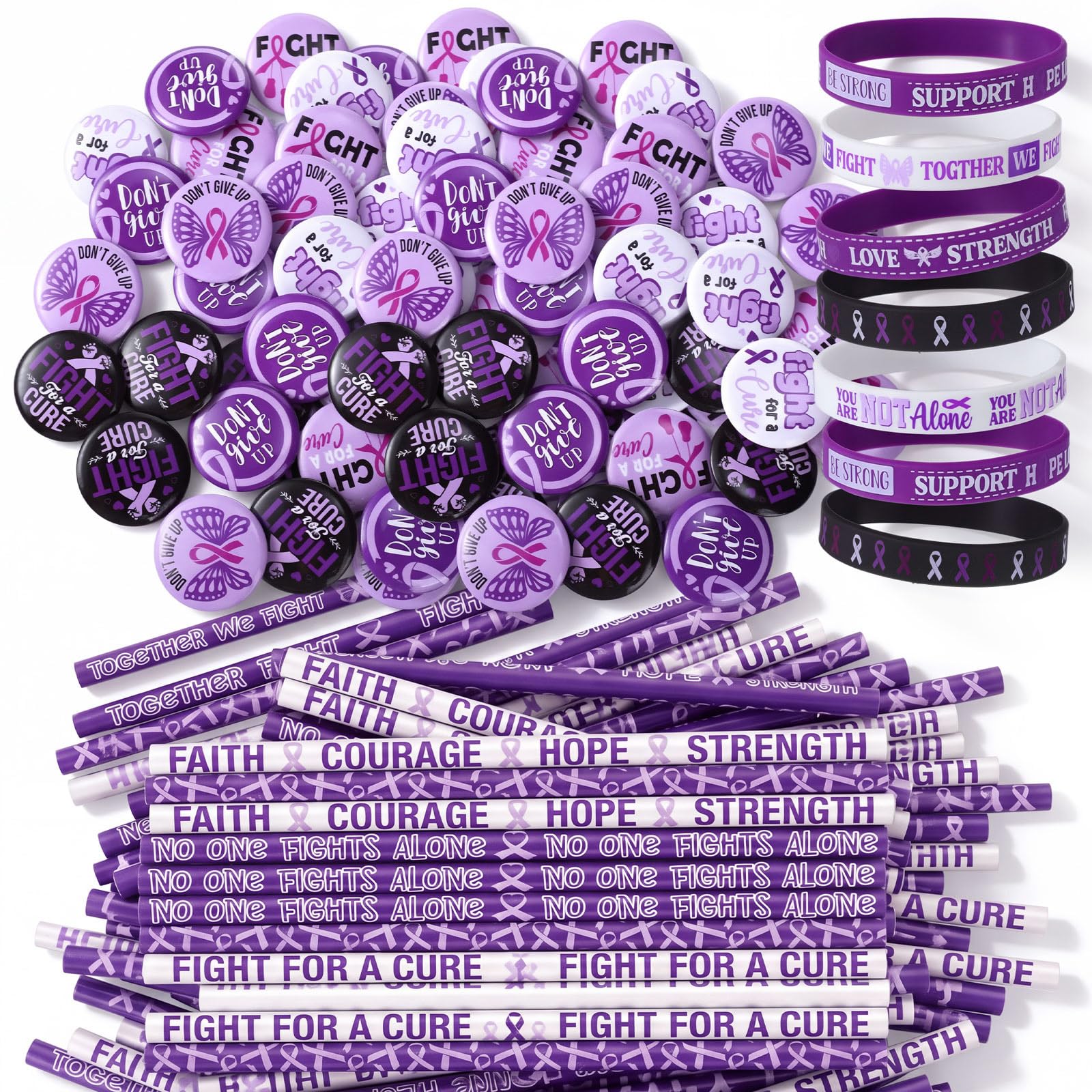 Ferreve 90 Pcs Purple Ribbon Awareness Items Bracelet Button Pin Pencil