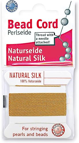 Griffin Cordón de seda para cuentas Perlseide – Color ámbar – Tamaño 0 (0.30mm) – 2 metros por tarjeta – Aguja de acero inoxidable adjunta – para