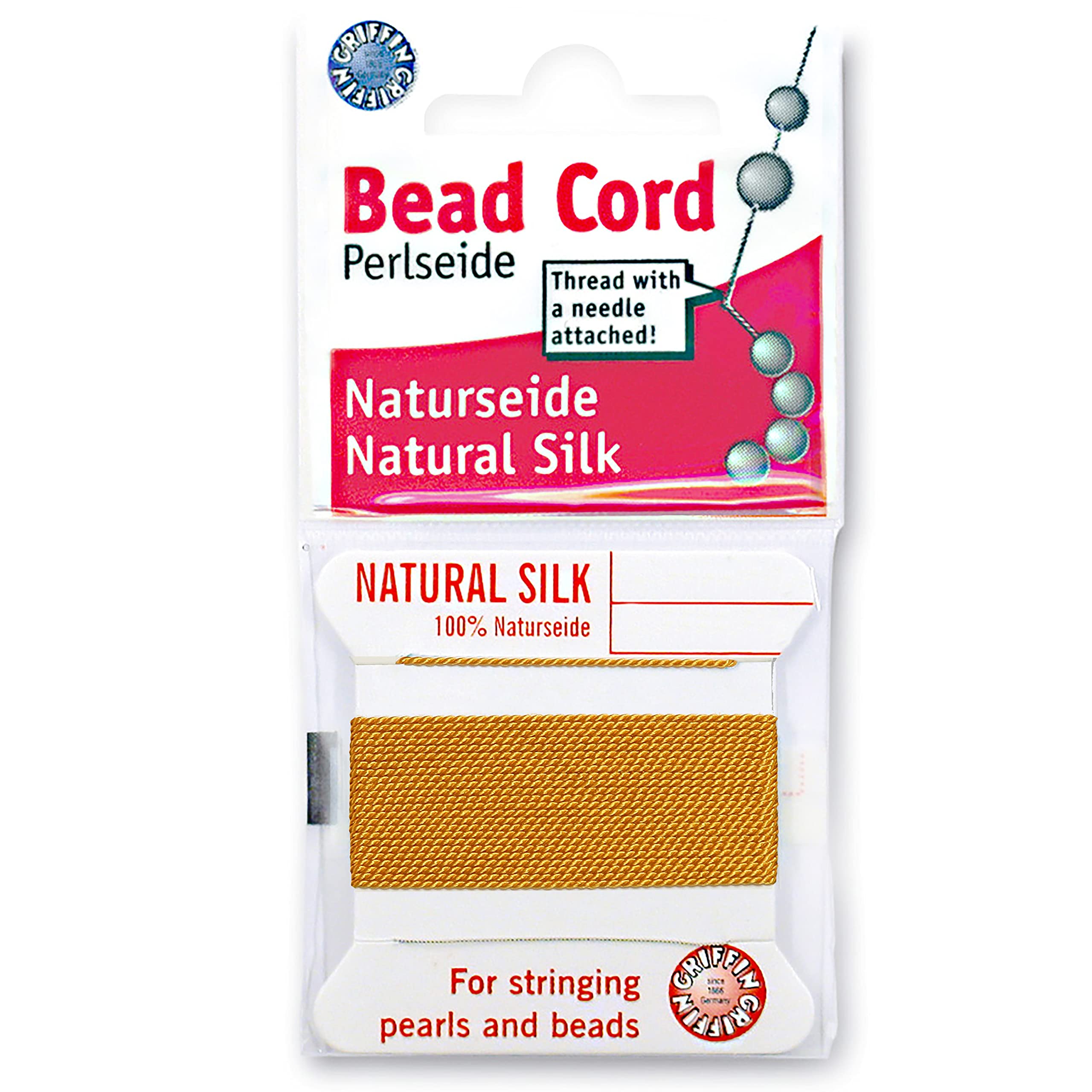 Griffin Silk Bead Cord Perlseide – Amber Color – Size 4 (0.60mm) – 2 Meters per Card – Stainless Steel Needle Attached – for Knotting Pearls, Gemstones, Crystals and Beads