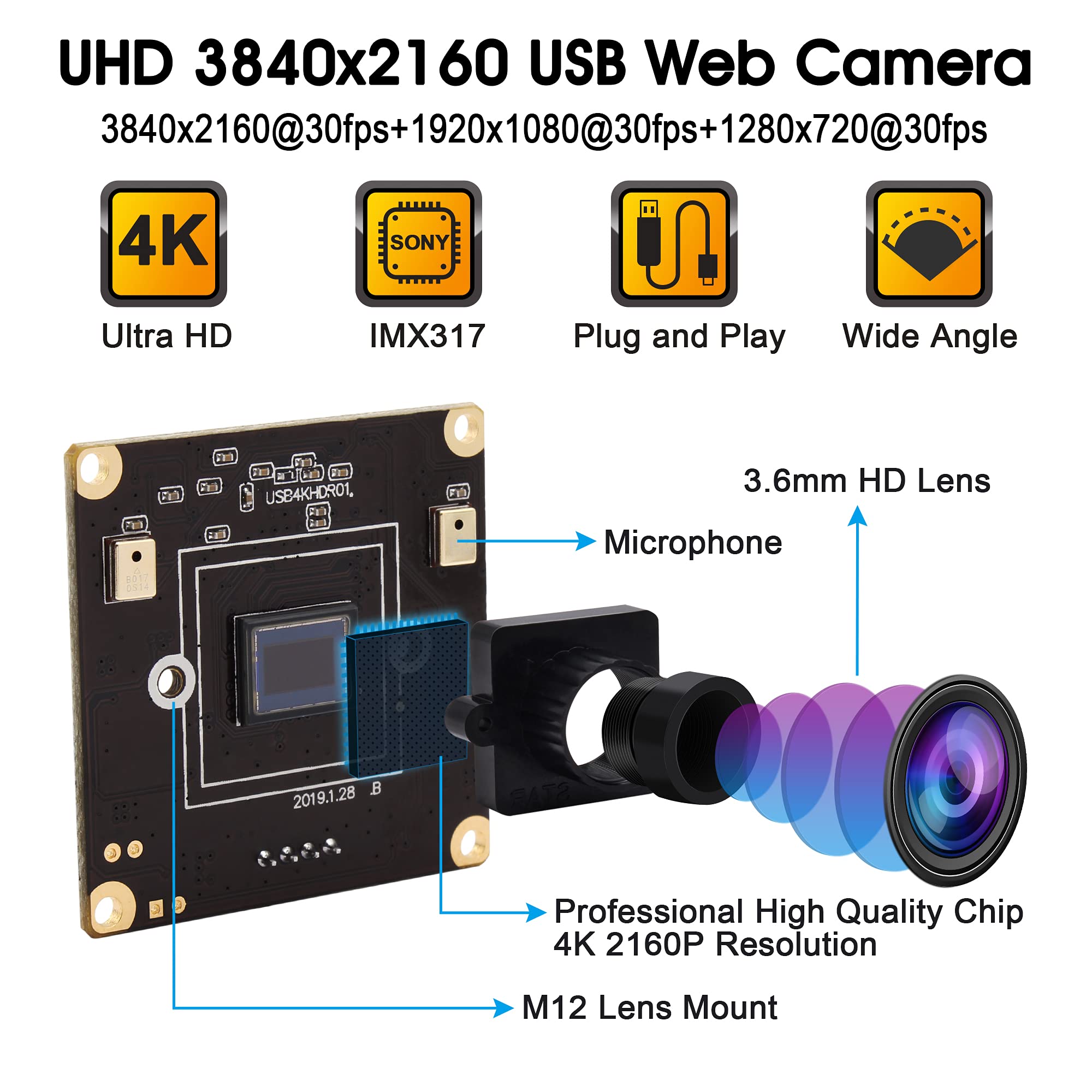 ELP Webcam 4K avec microphone, capteur Ultra HD IMX317, Plug and Play, module de caméra USB 30 FPS pour ordinateur de bureau et ordinateur portable, Mac OS, 2160P UHD Mini USB Webcam de conférence