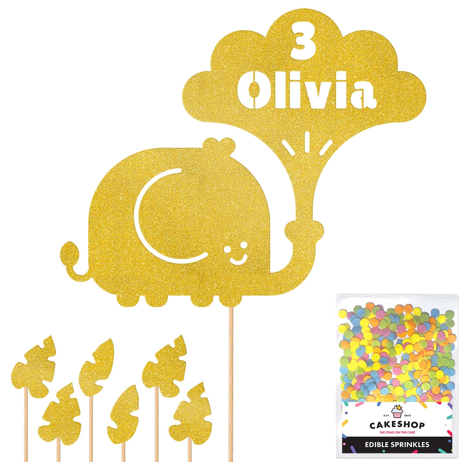 Personalised Jungle Elephant Glitter Cake Topper- Gold Any Custom Age & Name Glitter Cake Decoration and Sprinkles - Happy Birthday Decorations - Personalised Toppers for Cakes by Cakeshop