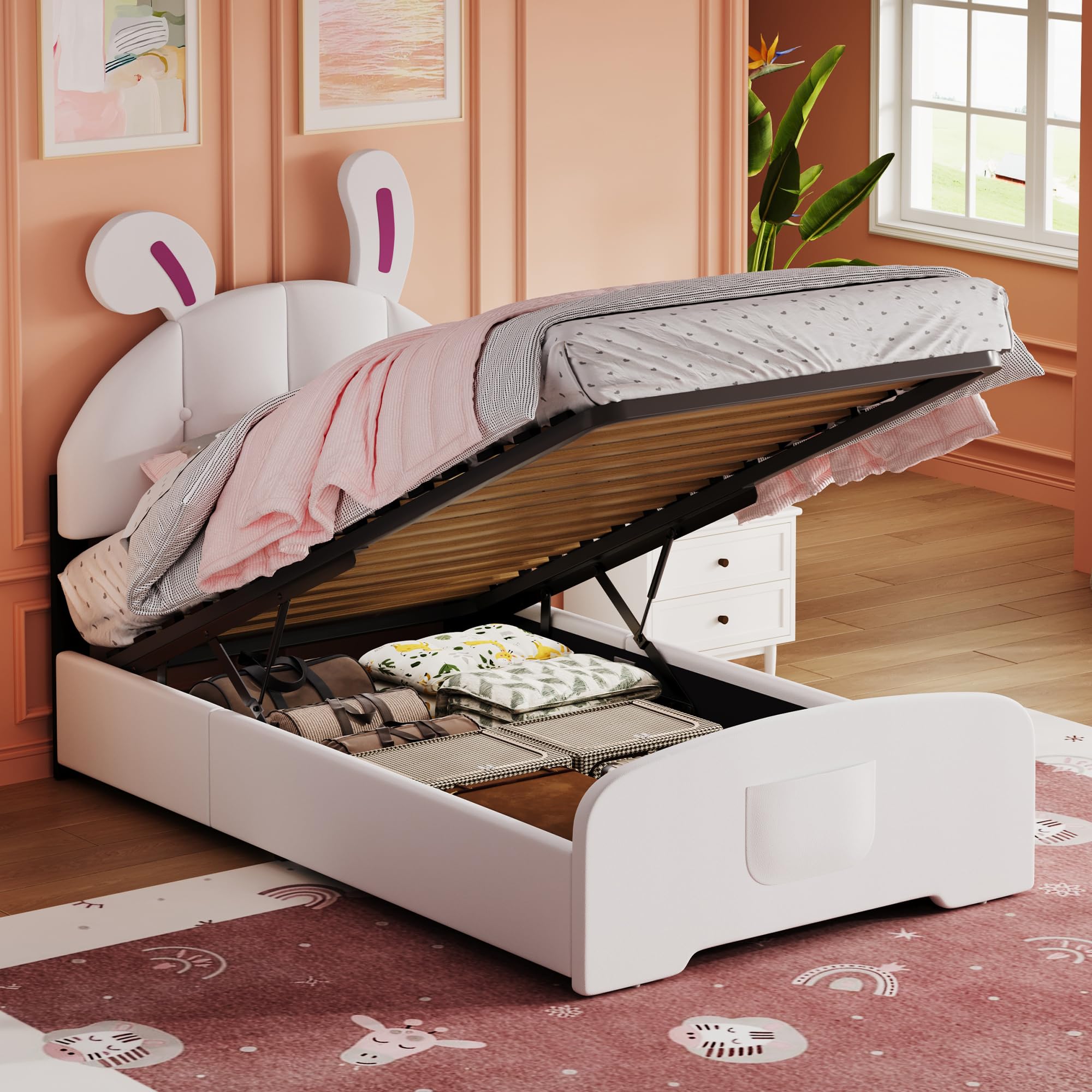 Besbed Single Upholstered Bed, Ottoman Storage Bed with Hydraulic & Side Pocket, 3FT Wooden Slats Frame with Rabbit Headboard, for Teenagers and Girls White, 90x190 cm (No Mattress)
