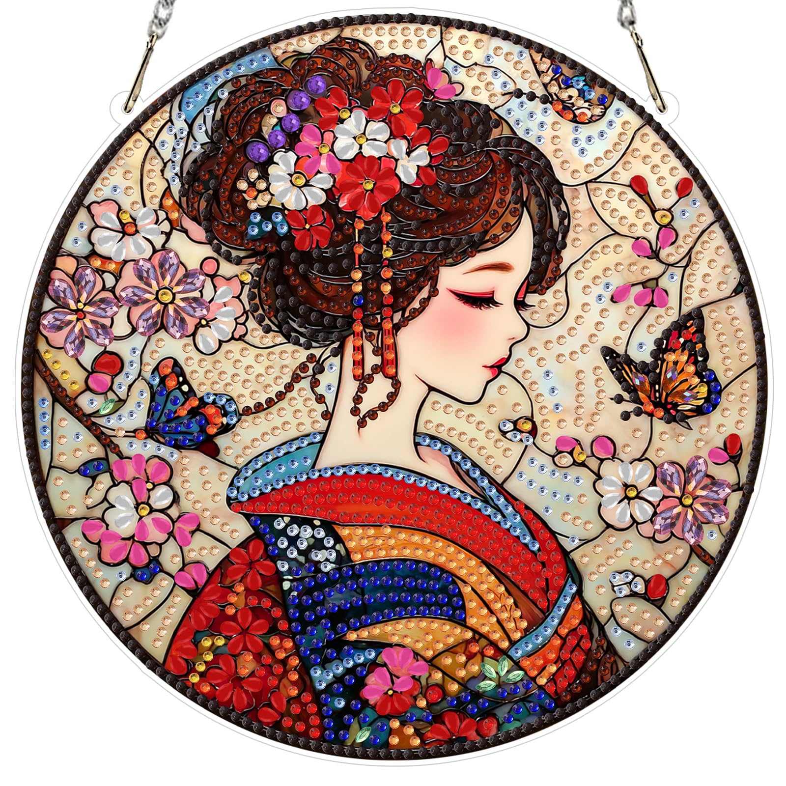 AIRDEA DIY Stained Glass Japanese Diamond Art Ornament Kit for Adults, Double-Sided Geisha Kimono Diamond Painting Hanging Kit, DIY Acrylic Special Shaped Drills Hanging Suncatcher