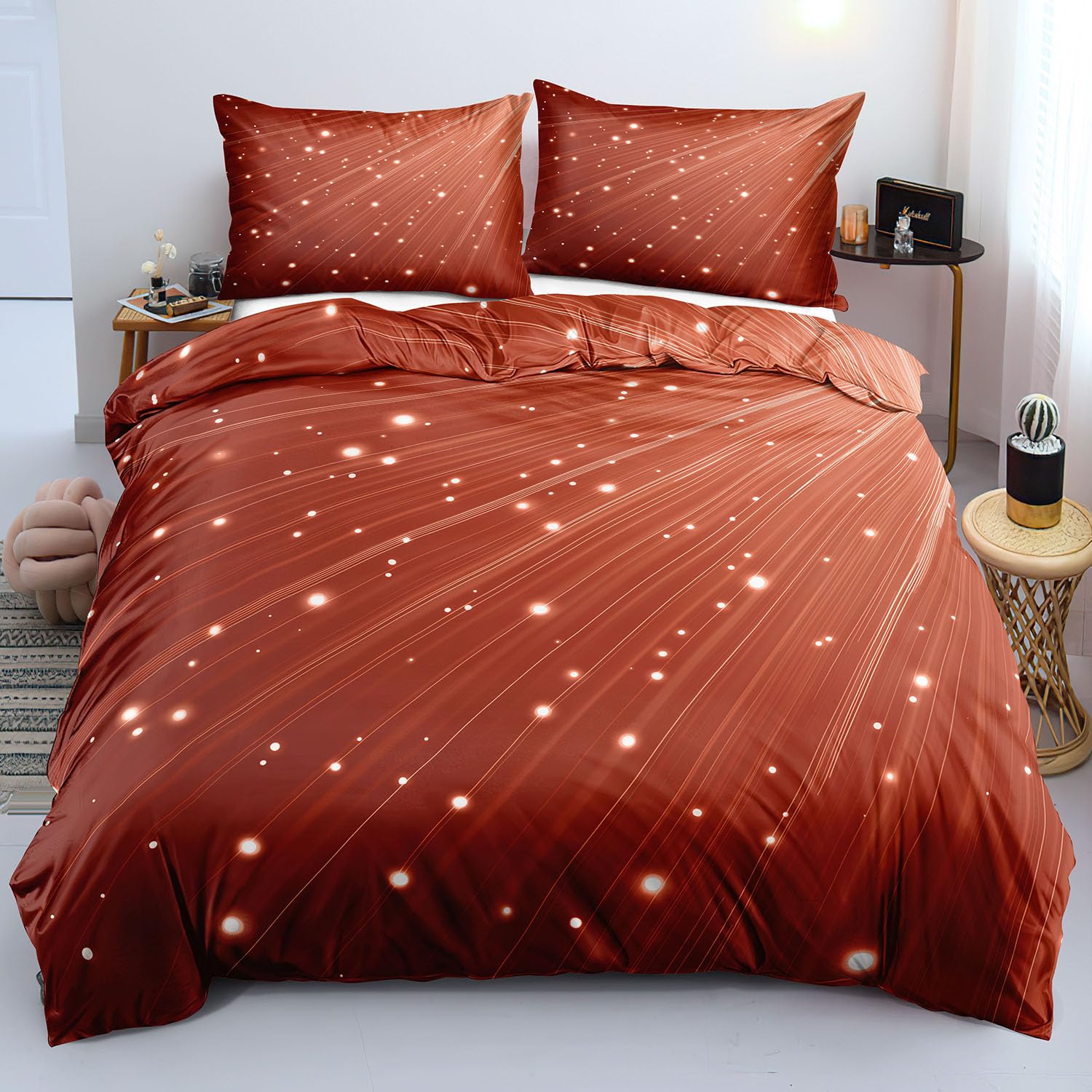 Housse de Couette Terre Cuite Réversible avec Motif Géométrique pour Lit Double