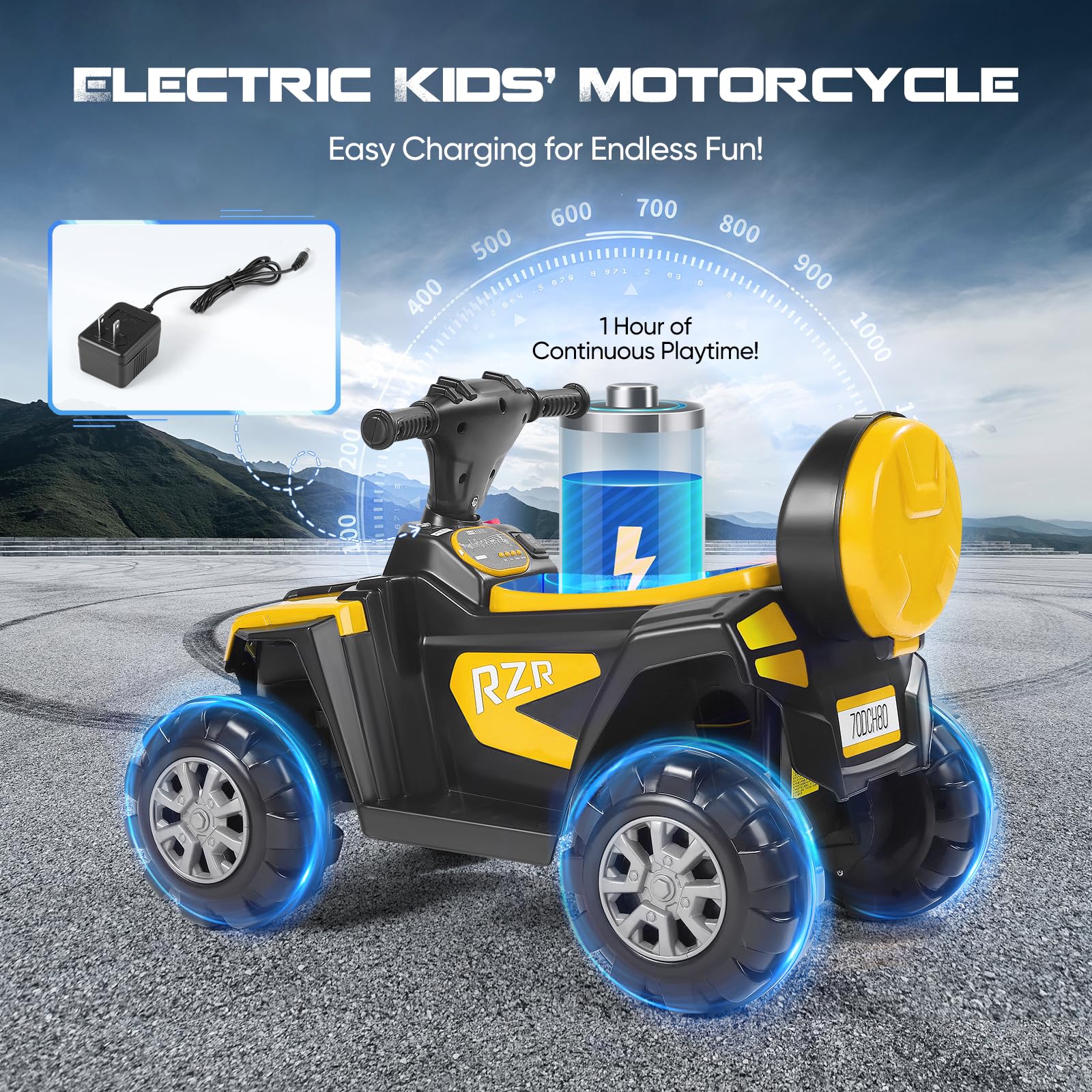 Moto électrique pour enfants avec lecteur de musique MP3, capacité de charge maximale 50 kg, USB, pour enfants à partir de 3 ans (jaune-Plage)
