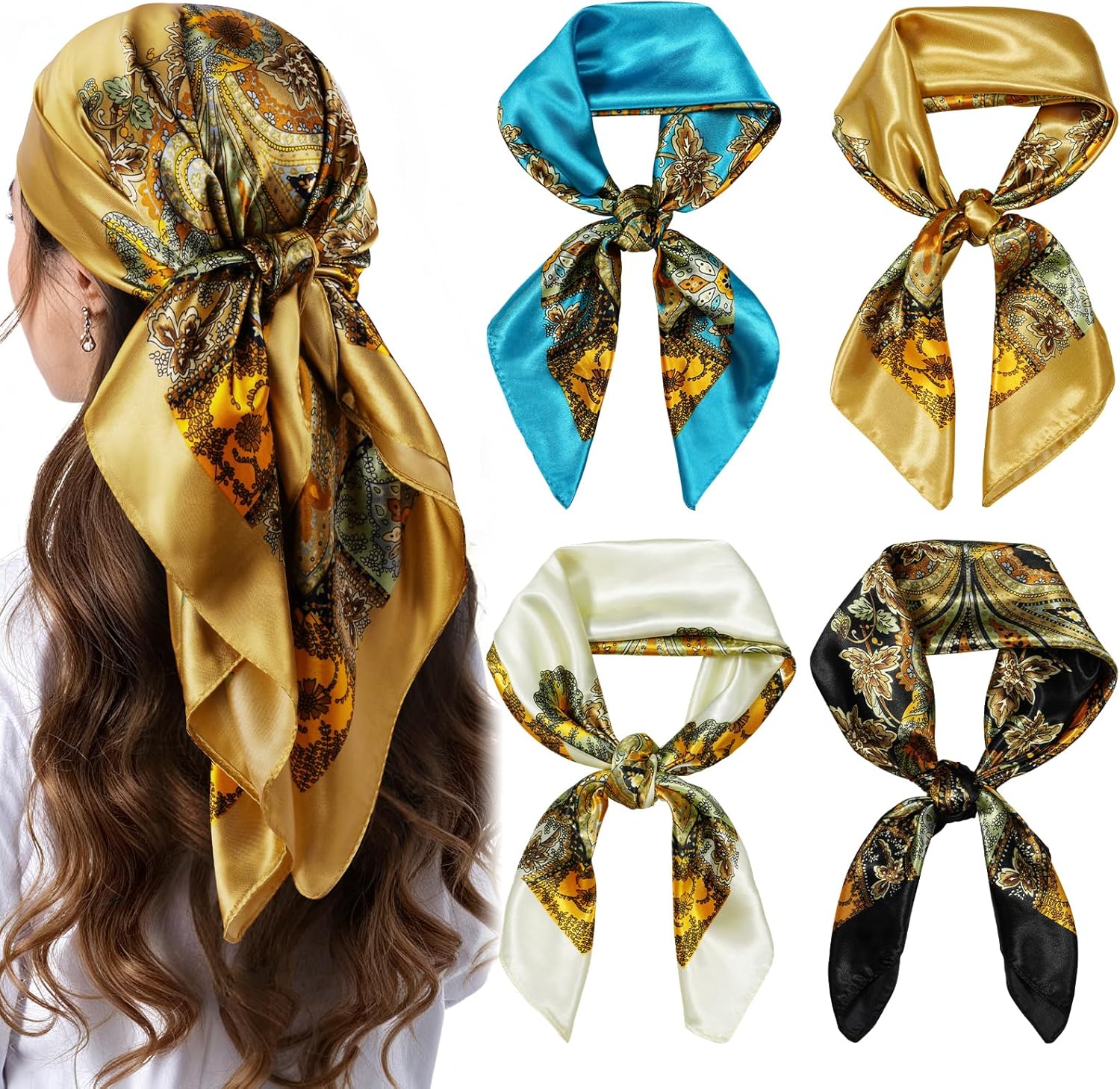 Élégant Foulard En Soie Dames 90 X 90 Cm - Polyvalent Comme Foulard De Tete Et Foulard Au Cou