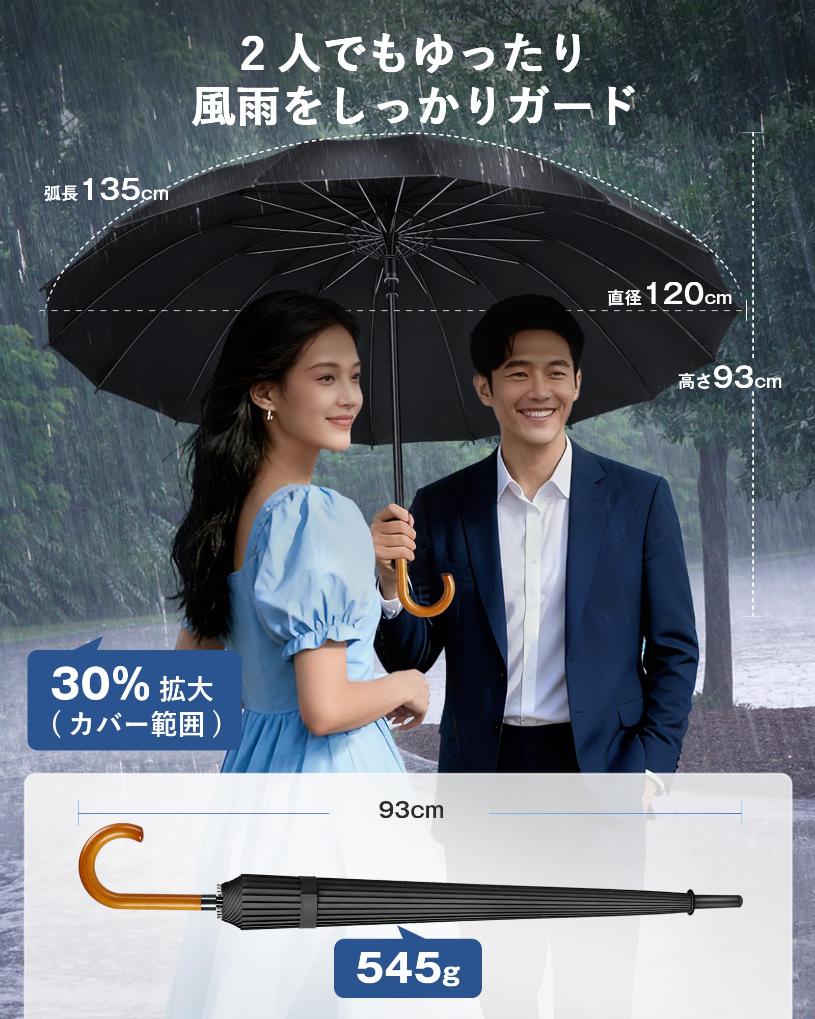 [VARNIC] 傘 メンズ 長傘 【高強度16本骨 99%以上遮光率】 ジャンプ傘 メンズ レディース 直径115cm 大型 丈夫耐久 300T高密度生地 グラスファイバー 日傘 UVカット 遮光遮熱 耐風撥水 豪雨対応 梅雨/台風対策 晴雨兼用 - 4