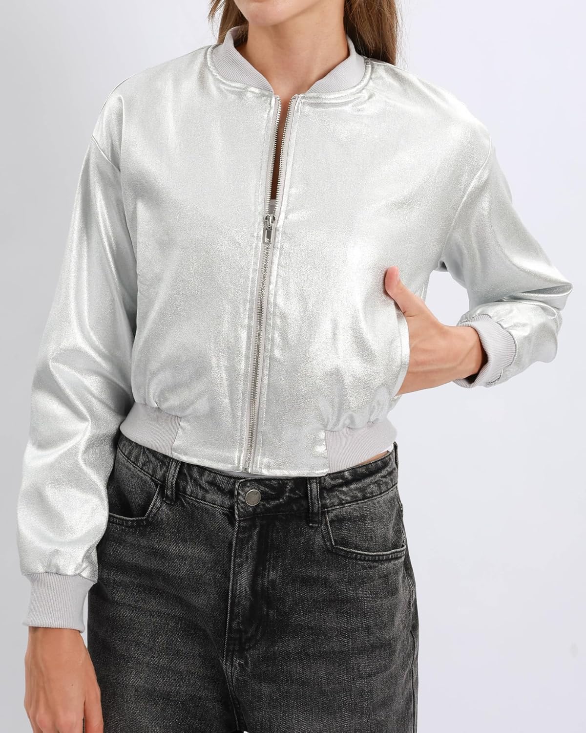 Xintianji Womens Matte Glossy Faux Leather Bomber Jacket- Zip Up Side Pocket Long Sleeve Windbreaker Cropped Flight Jacket - Image 5