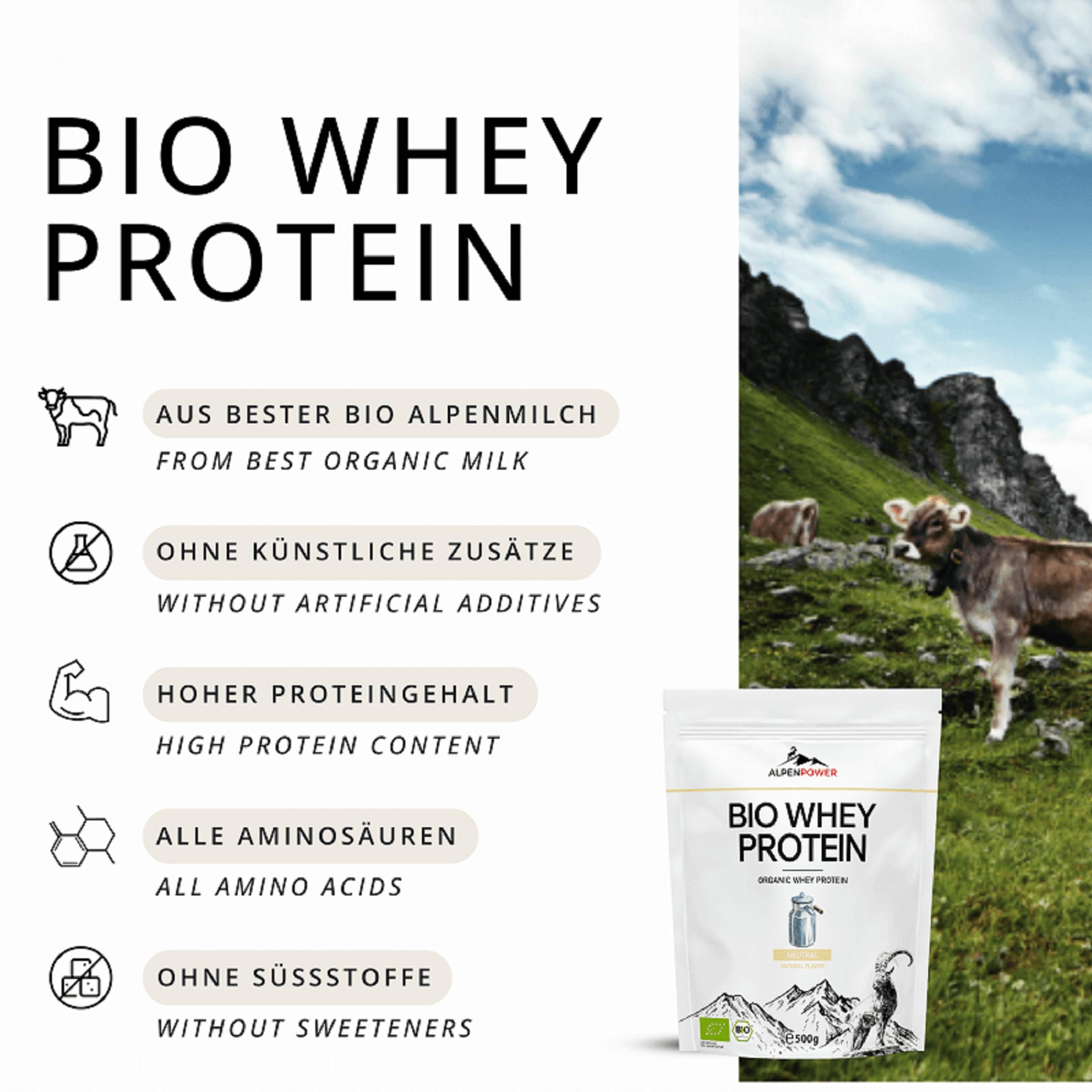 AlpenPower BIO WHEY Protein Neutral 500 g - 100% natürliche Zutaten & ohne Zusatzstoffe - Hochwertiges CFM Eiweiß-Pulver aus bester Bio-Alpenmilch