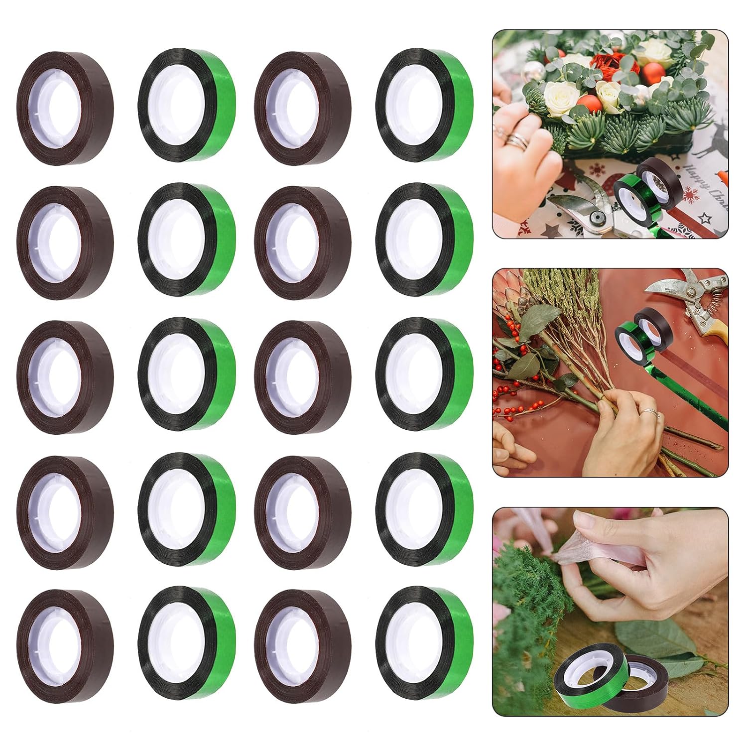 20pcs Floral Tape Adhesive Brown and 1.2cm X 25m Decorative Floral Wrapping Material for DIY Flower Arranging and Garden Use