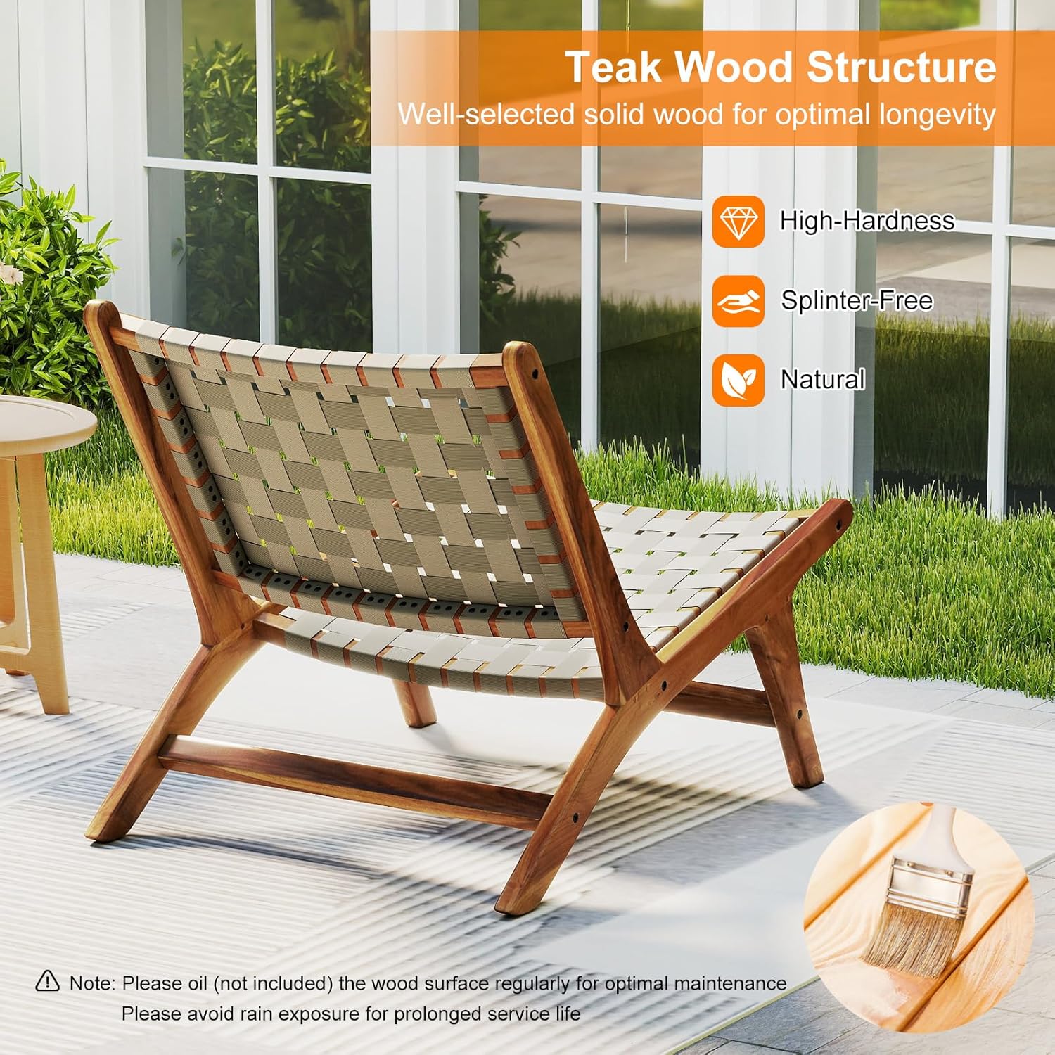 Tangkula Patio Teak Wood Chair Set of 4, Outdoor Mid-Century Accent Chair with Nylon Webbing Seat & Back, for Backyard, Porch, Balcony or Poolside