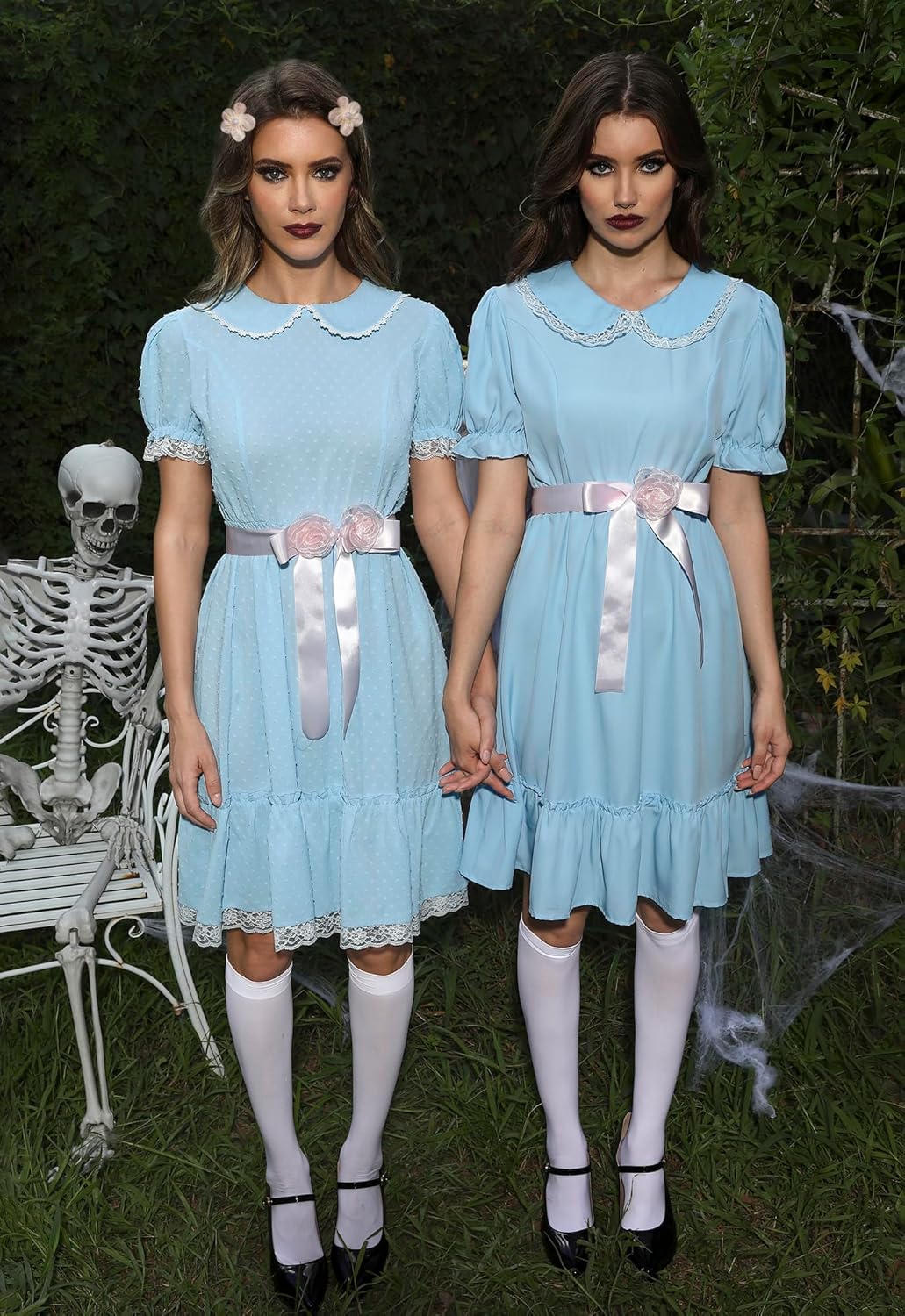 Women Halloween Lace Creepy Dress Gardy Twin Lolita Peter Pan Collar Puff Sleeves Costume Blue Swiss Dot Texture XXL