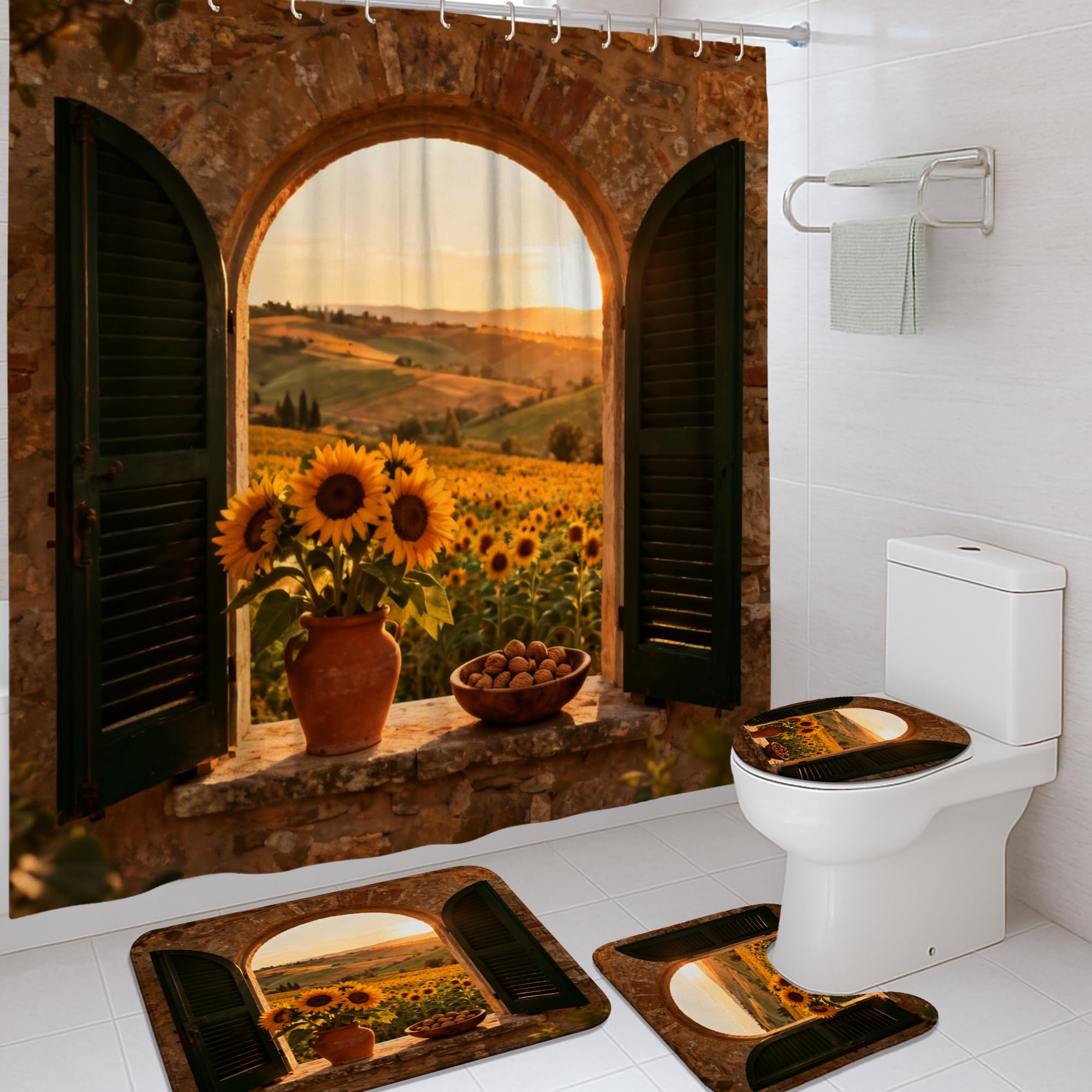 Rideau de douche anti-éclaboussures rustique à motif tournesol en toile