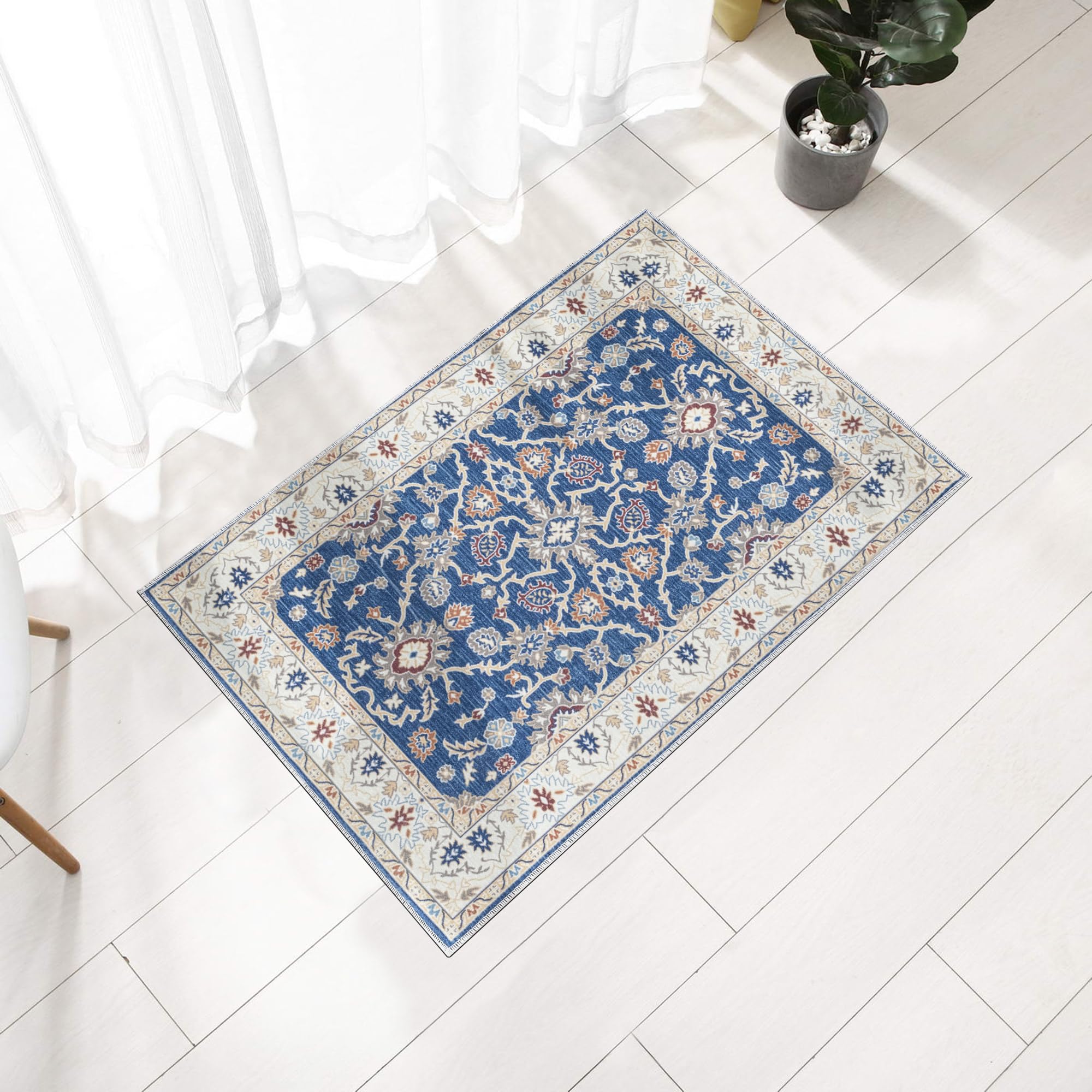 Super Area Rugs - 2X3 Machine Washable Rug Traditional Vintage Small Rug for Doorway - Navy, 2' x 3'