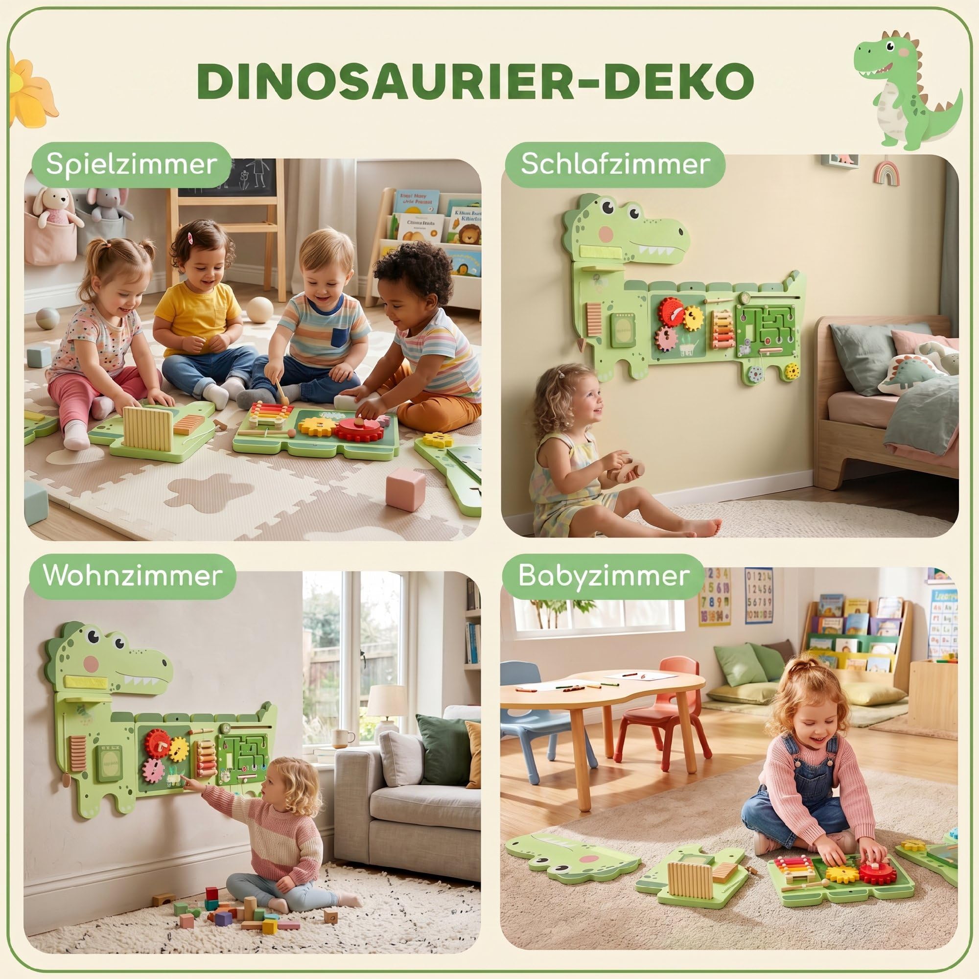 AIYAPLAY Montessori drewniana deska motoryczna, dinozaury, montowana na ścianie, zabawka z zegarem ksylofonowym, zębatkami, prętami dźwiękowymi, zabawka edukacyjna dla dzieci od 2 roku życia