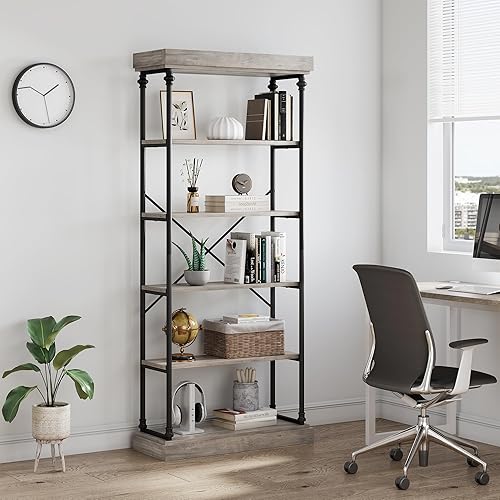 Miniatura 3 de IDEALHOUSE Estantería industrial de madera con 6 niveles de almacenamiento, estante abierto con marco de metal, estantes rústicos altos, estante