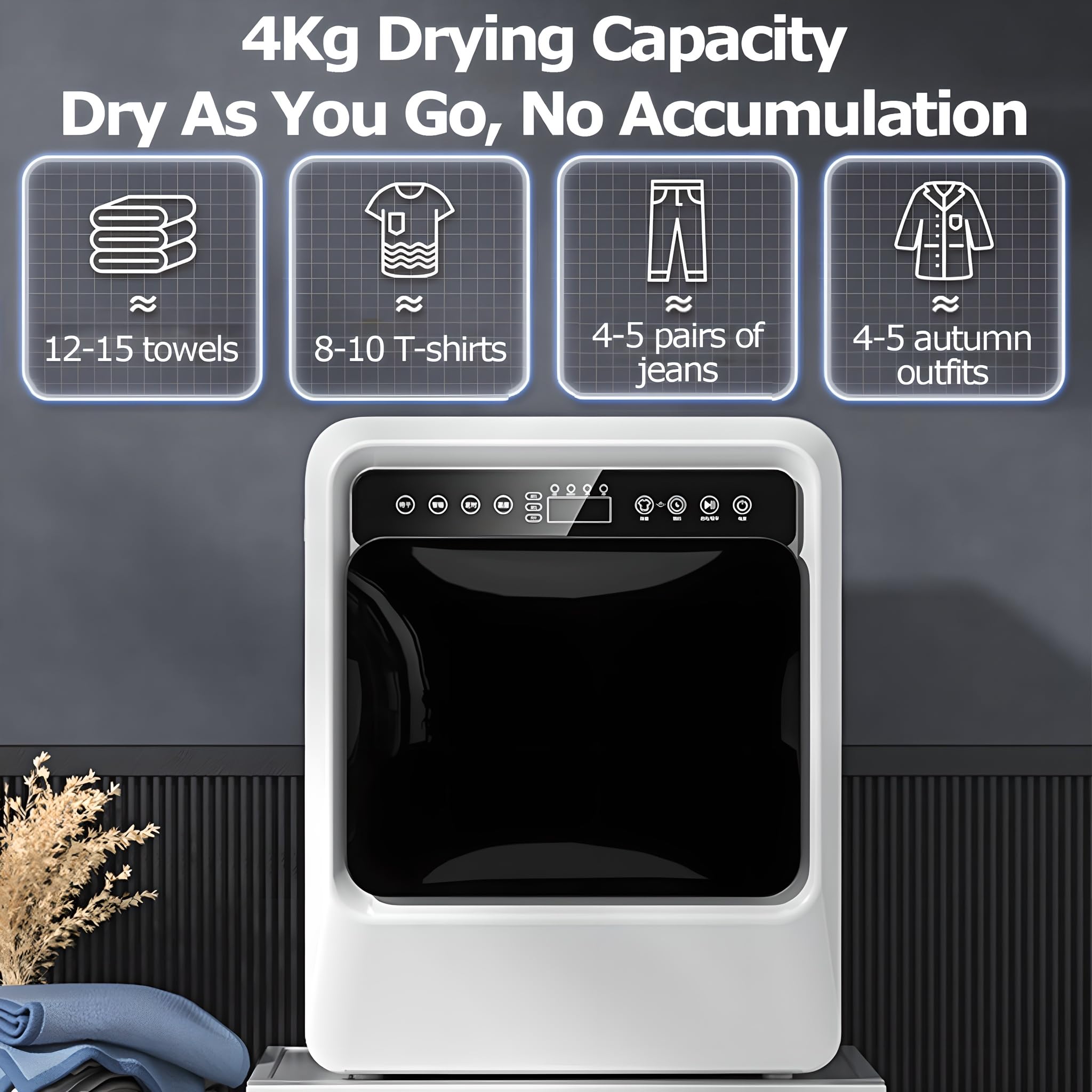 Secadora de ropa portátil, secadora eléctrica de 1000 W con bañera de acero inoxidable y panel táctil LCD para apartamentos, caravanas, familias y casas de familia