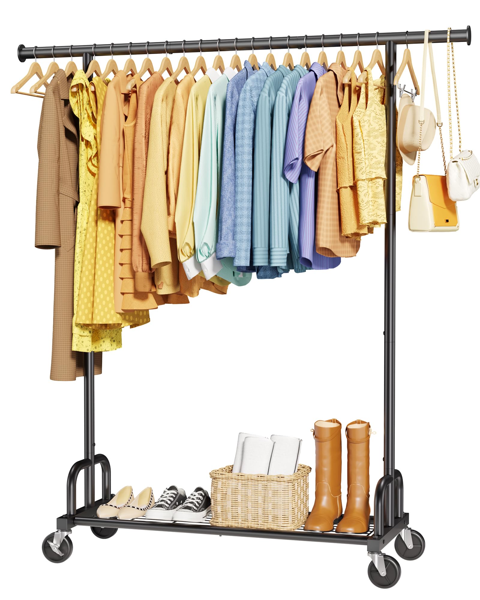 Sakugi Clothes Rail – Heavy Duty Clothes Rack with Wide Fixed Rod, Built-In Mesh Shelf, Space-Saving Clothing Rail for Bedroom, Laundry Room, Entryway, 116 x 43 x 150 cm, Black