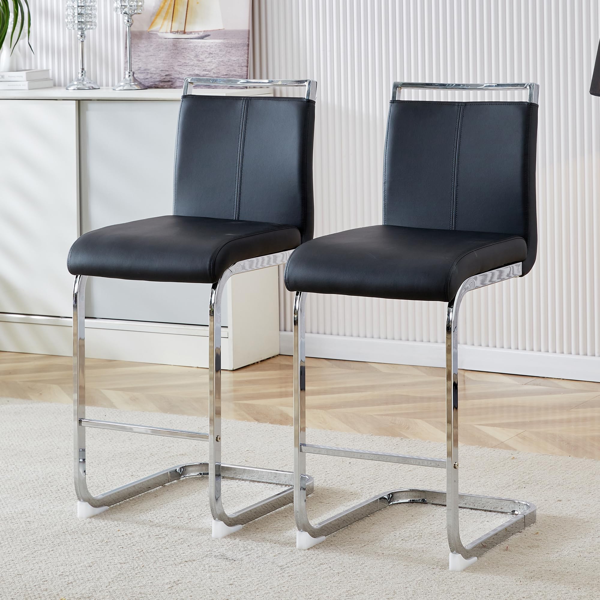 Rejeke Counter Height Bar Stools Set of 2,25" Modern Bar Stools Set of 2,Black Faux Leather Bar Stools with Back,Sturdy Silver Chrome Footrest,Counter