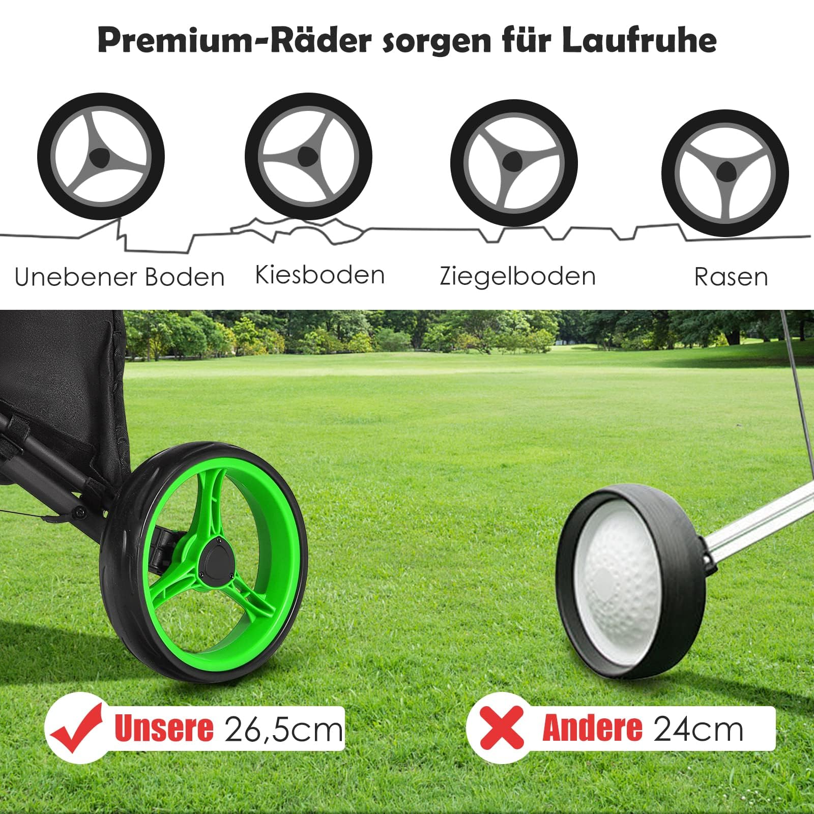 GOPLUS Golf Trolley, Golftrolley 3 Rad mit Verstellbarer Griff, Fußbremse, Golfwagen klappbar mit Schirm- und Getränkehalter & wasserdichter Tasche, Golfcaddy Golf Push Cart