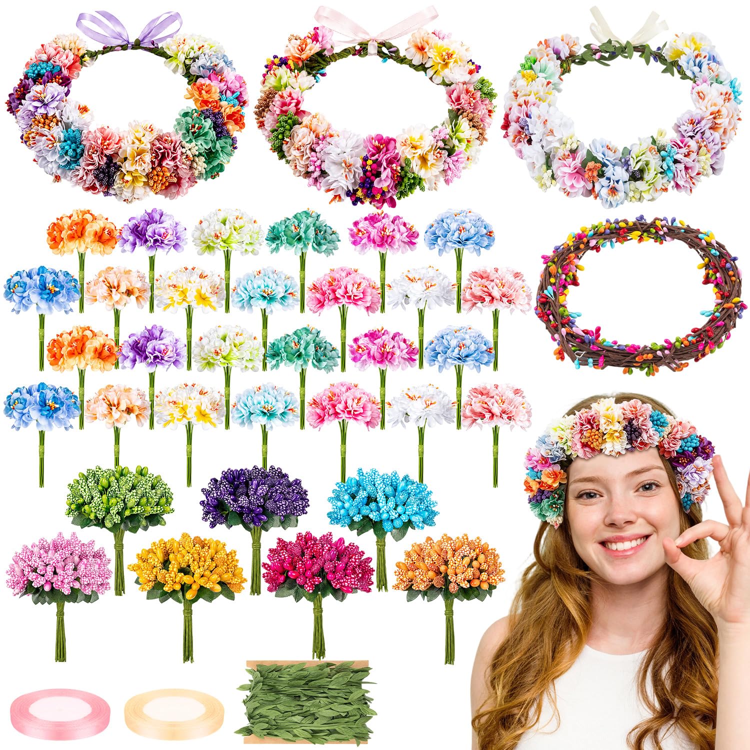 Set di 40 corone di fiori fai da te per feste estive | Crea la tua corona di fiori fatta a mano con accessori per capelli, kit per matrimoni, feste di compleanno