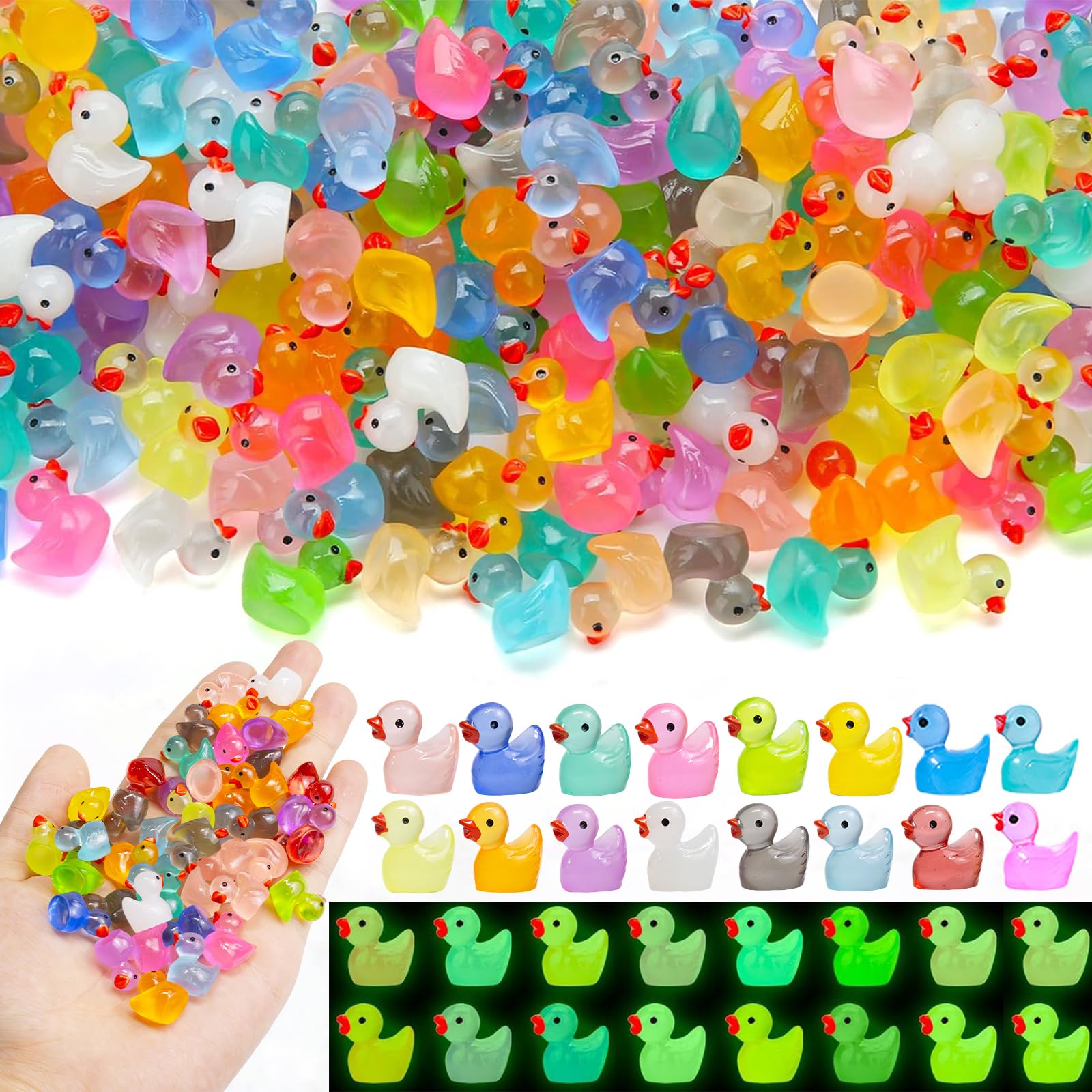 370PCS Glow in The Dark Mini Ducks Tiny Duck Figurines Small Resin Miniature Ducks for Fairy Garden Dollhouse Decor Micro Landscape Aquarium DIY Crafts Party Favors Gifts