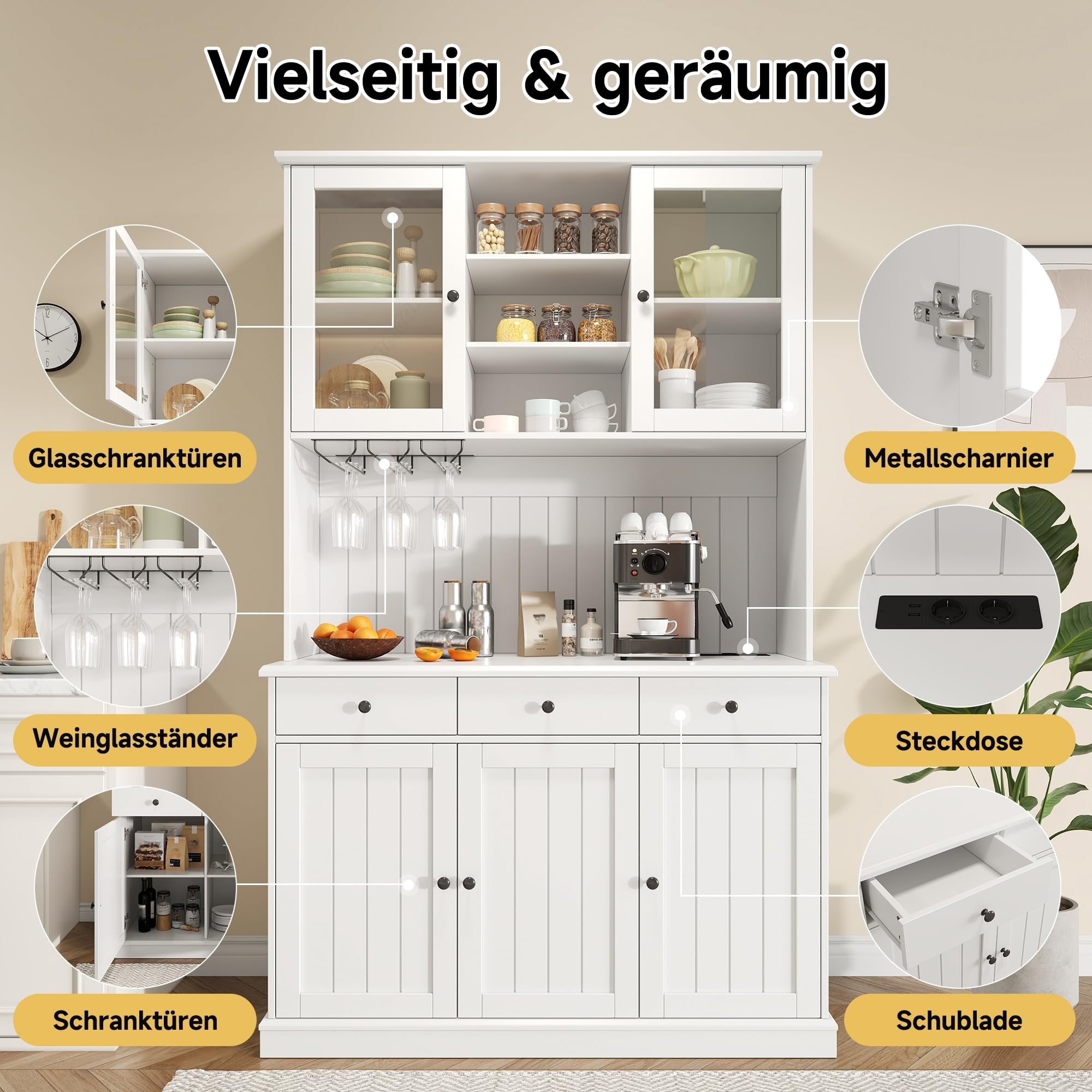 Küchenschrank mit USB Buchse für Wohnzimmer, Hochschränk mit Schubladen & Türen, Vorratsschrank mit Verstellbaren Regal & Weinregal, Buffetschrank für Esszimmer, 191x120x40 cm (Weiß)