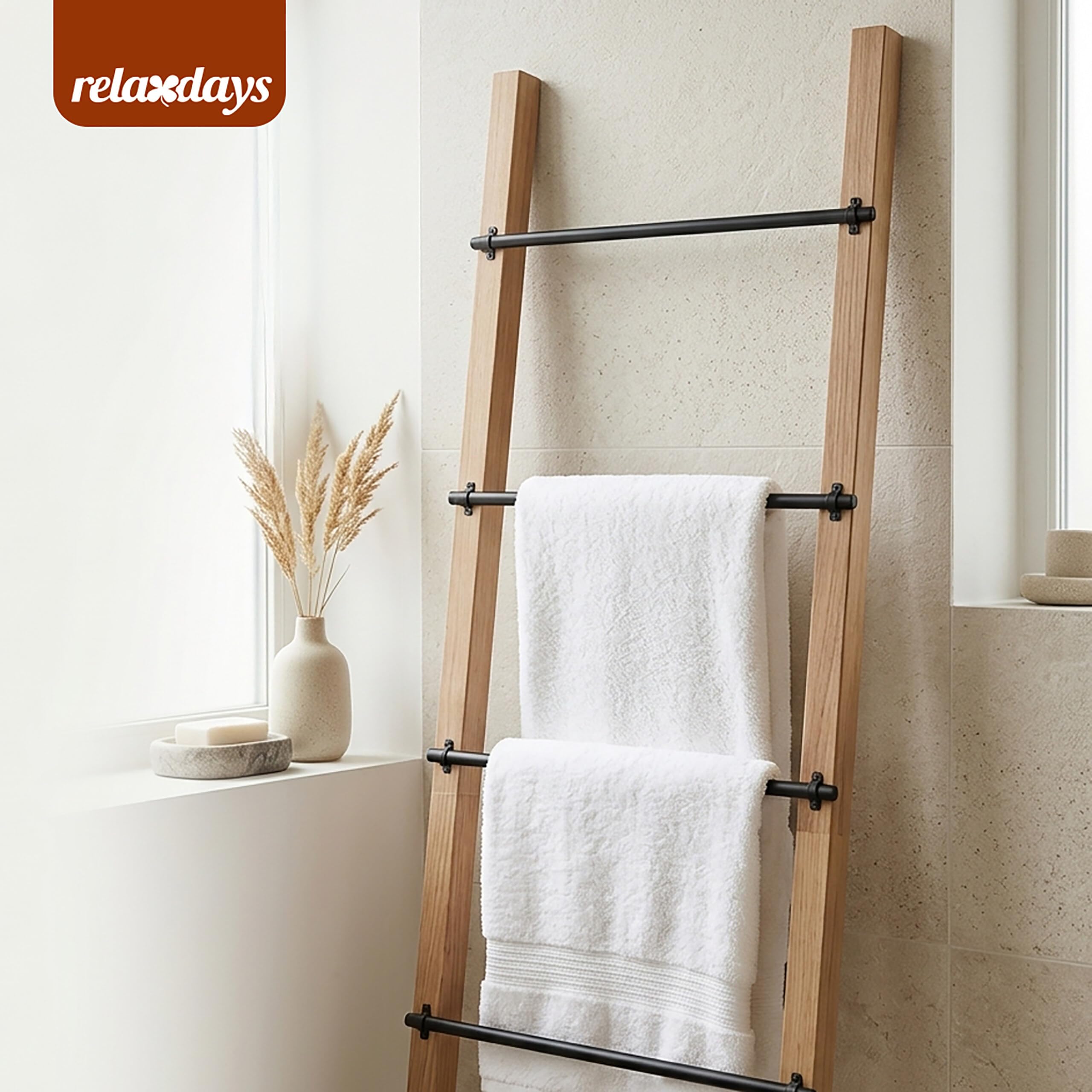Relaxdays Handtuchleiter, 4 Sprossen, HxB: 160 x 55,5 cm, Natur/schwarz