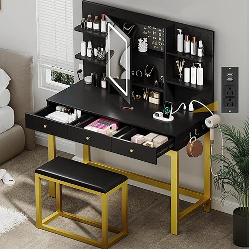 DWVO Vanity Desk with LED Lights Mirror & Power Outlet, Adjustable 3 Lights Modes, Makeup Table with Stool and Hidden Storage Shelves, 3 Drawers, Dressing Table Set with Chair, Upgraded, Black