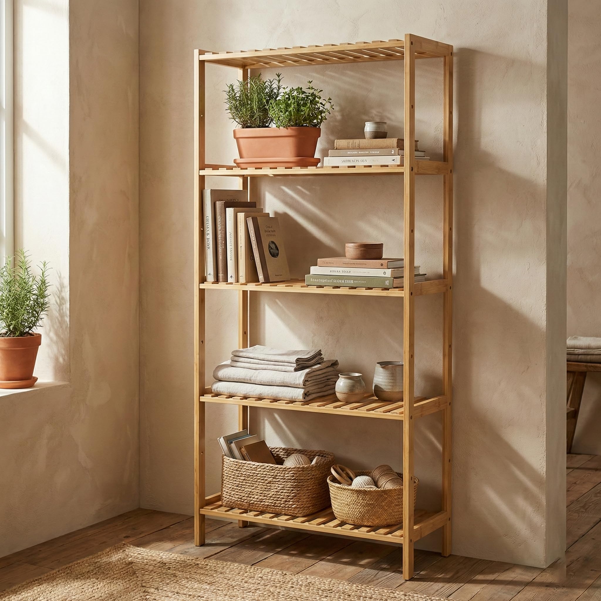 Brigros - Scaffale in Legno con Ripiani, Scaffale Salvaspazio in Bamboo con Design Moderno, Mobile Bagno in Legno di Bambu con Mensole, Mobile Cucina in bambù (Naturale, 5 Ripiani)