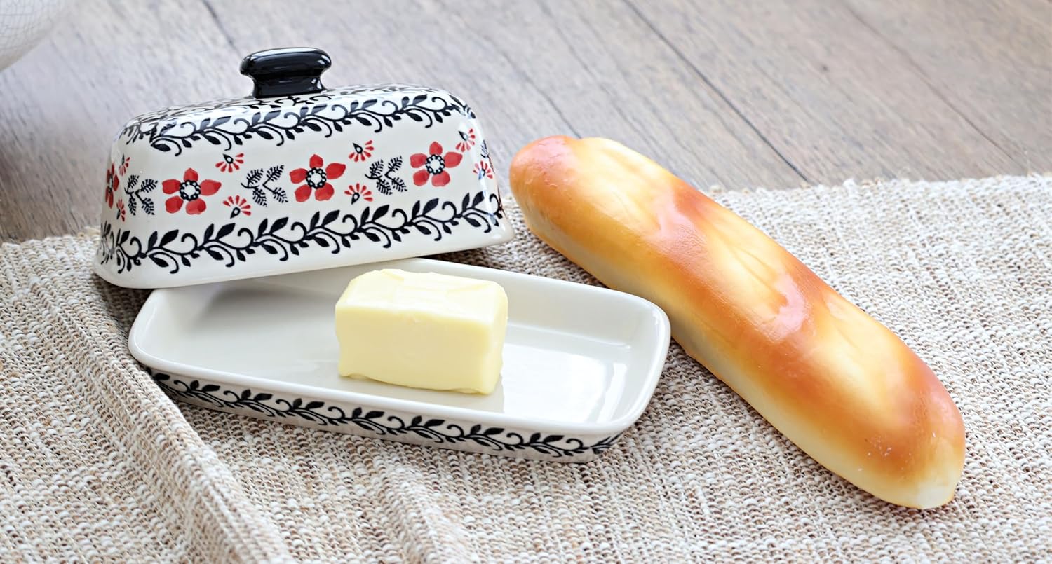 Blue Rose Polish Pottery - Red Scarlett Ivy Butter Dish - Fits 1 Stick - Butter Dish for Countertop Organization and Storage