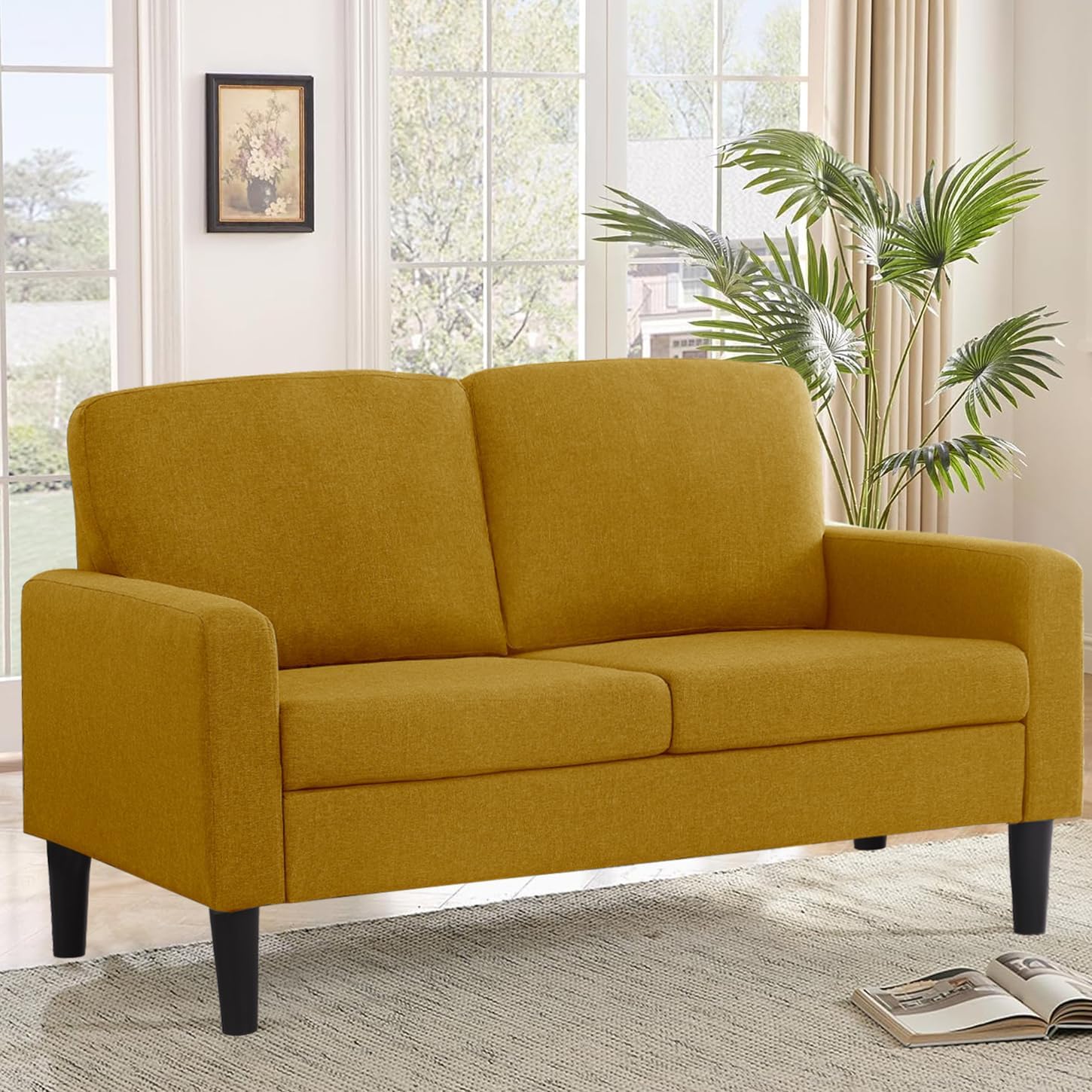Flesser Loveseat Sofa 53" Small Couch Yellow Love Seat for Small Sapces, Comfy Linen Fabric 2 Seater Couch for Bedroom Apartment, Office, All-Wood Couches Tool-Free