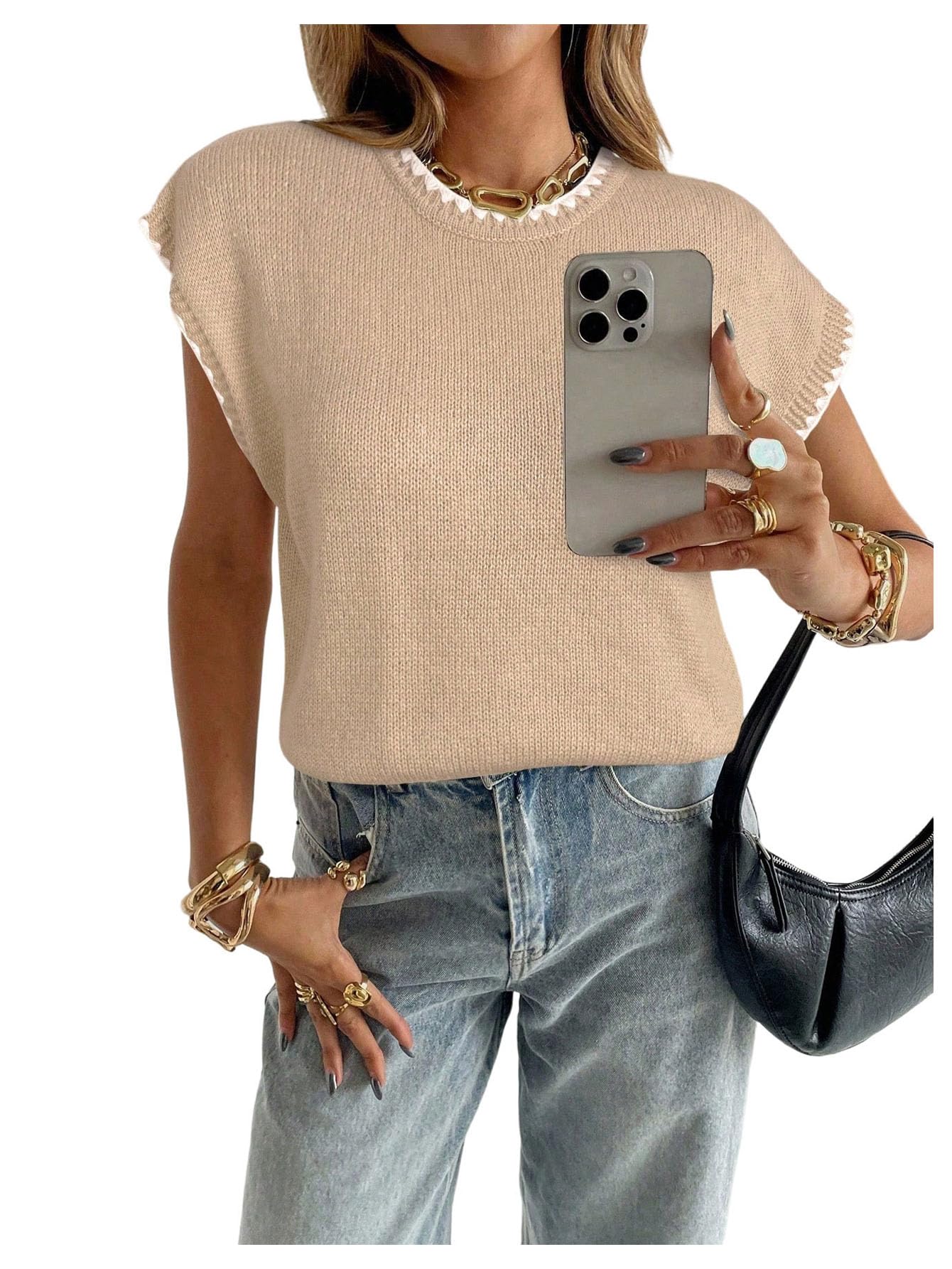 SOLY HUX Womens Short Sleeve Sweater 3D Floral Sweaters Pullover Tank Tops Knit Vest Trendy Fashion Clothing Apricot