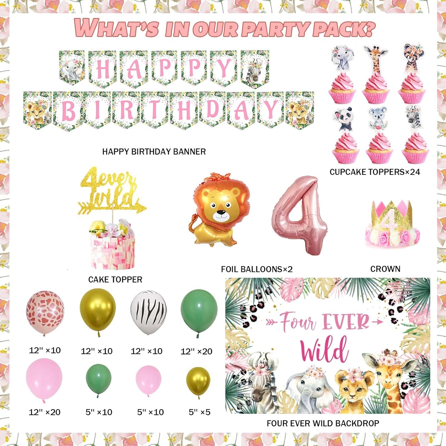 Four Ever Wild Birthday Decorations Girl, Jungle Safari Animal Theme 4th Party Decorations Backdrop Balloons Garland Banner Cake Cupcake Topper Poster Crown Lion Cheetah Giraffe Pink 115 PCs