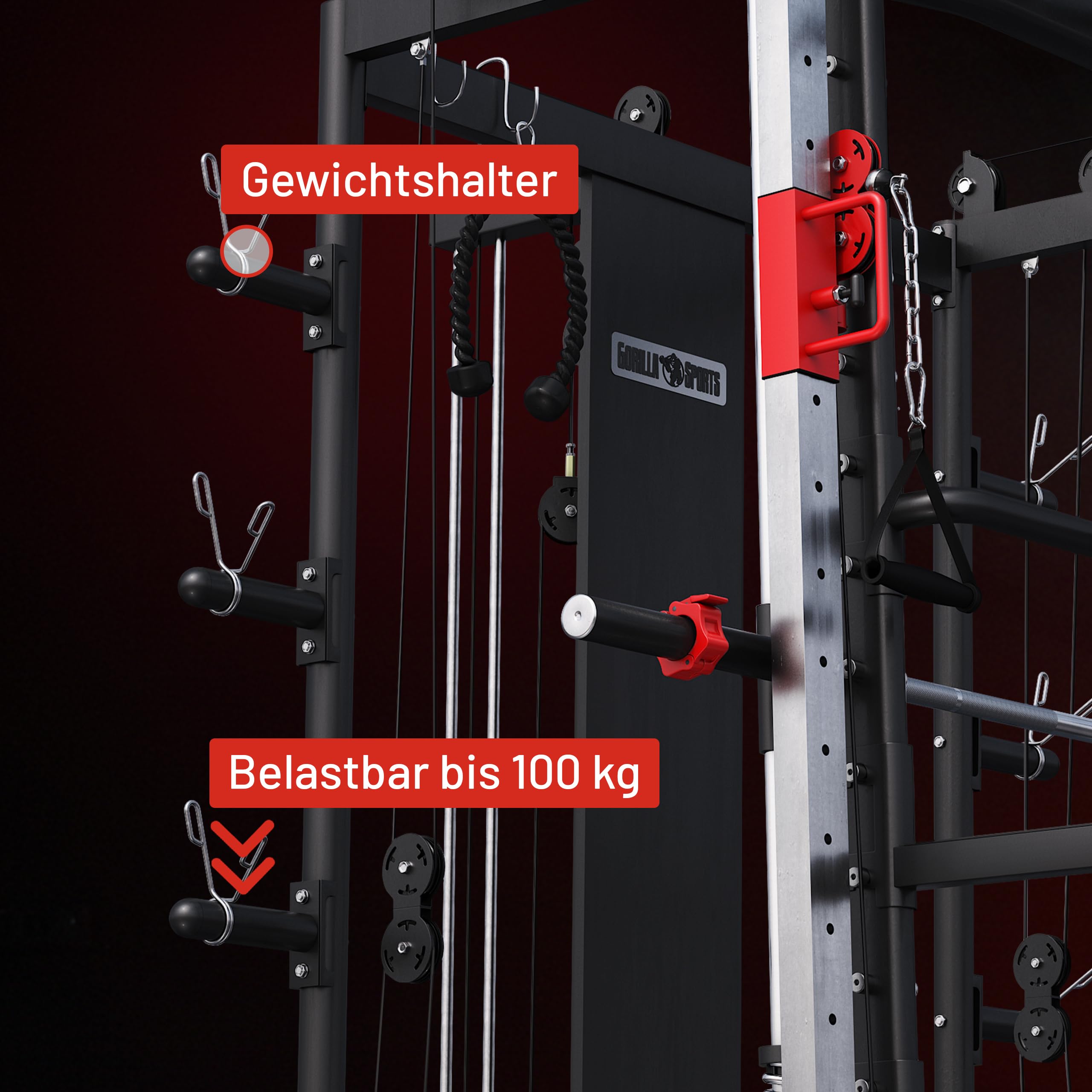 GORILLA SPORTS® Smith Maschine - mit Klimmzug, Rudern, Dip Station, Bizeps/Trizepsgriff, Langhantel und Hantelscheiben Aufnahme, Verstellbar, Stahl - Multipresse, Power Rack, Kraftstation, Power Cage