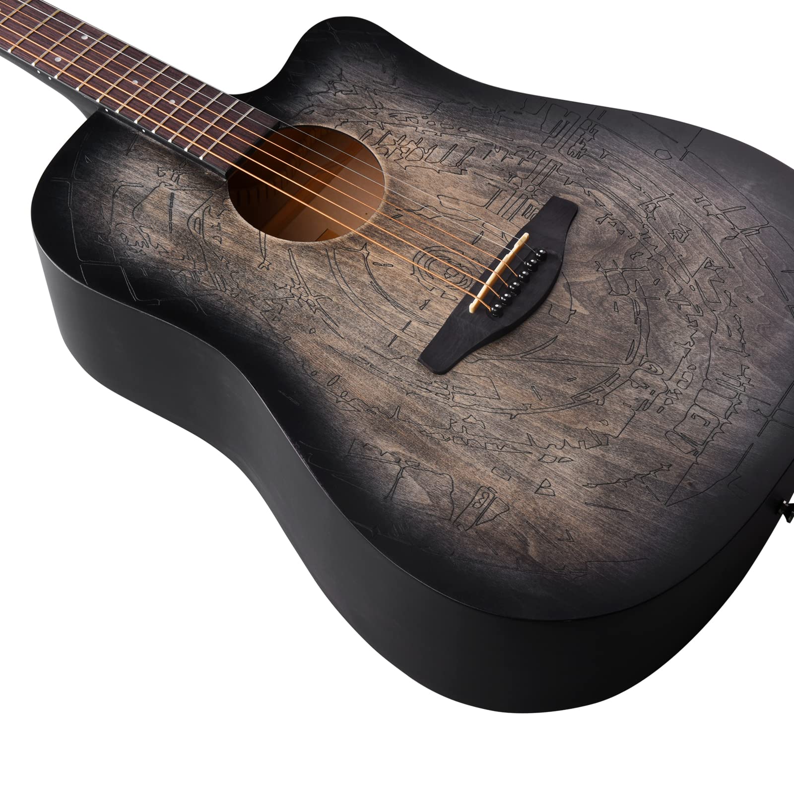 Winzz Guitare Acoustique 4/4 Débutant, Guitare Country et Folk 41 Pouces (Gravure Vintage) Noir