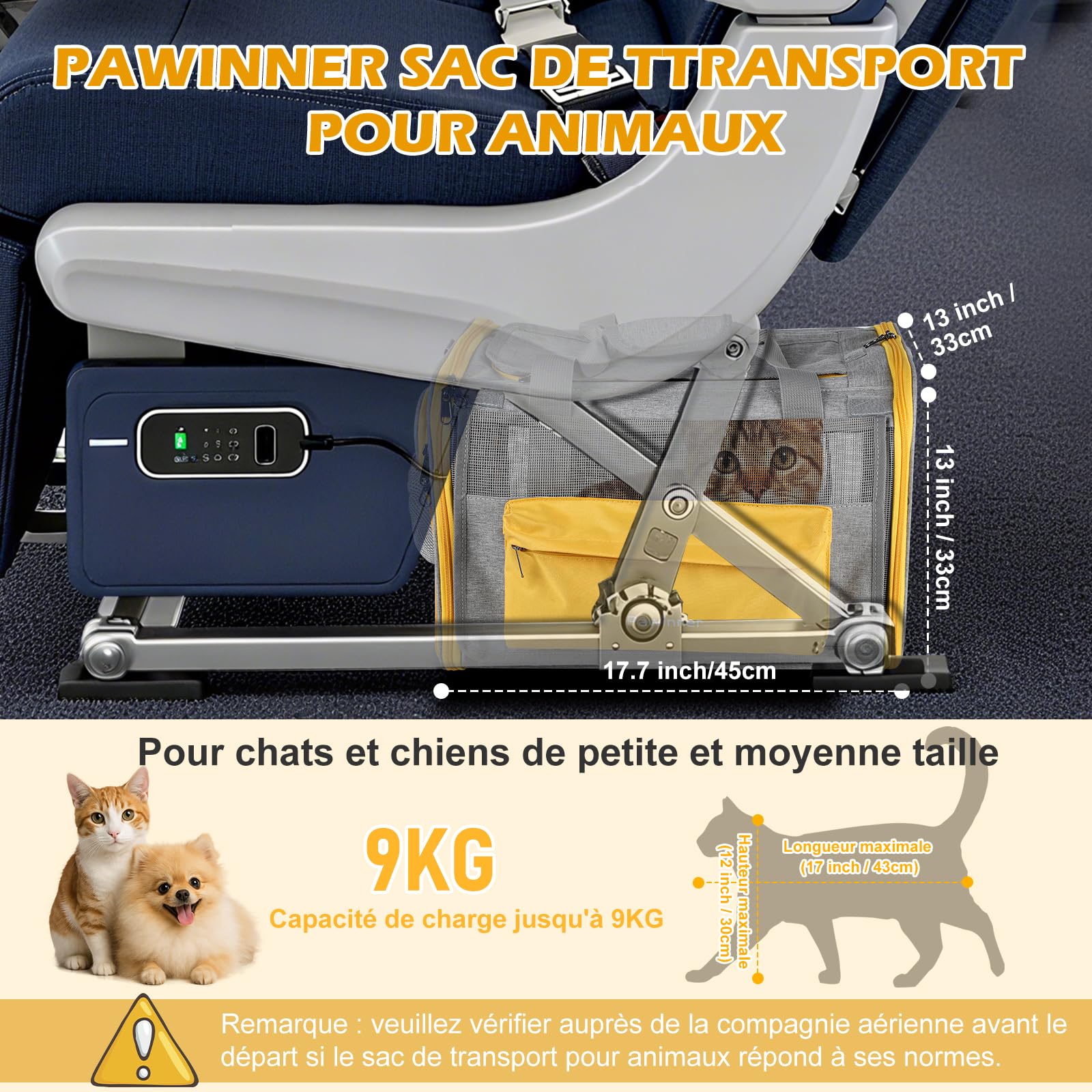 Sac de Transport pour Chat avec Poignée Télescopique - Caisse de Voyage 3-en-1 Pliable pour Petit/Moyen Chien et Chat, Approuvée Avion, roulettes et Toit Ouvrant (Gris)