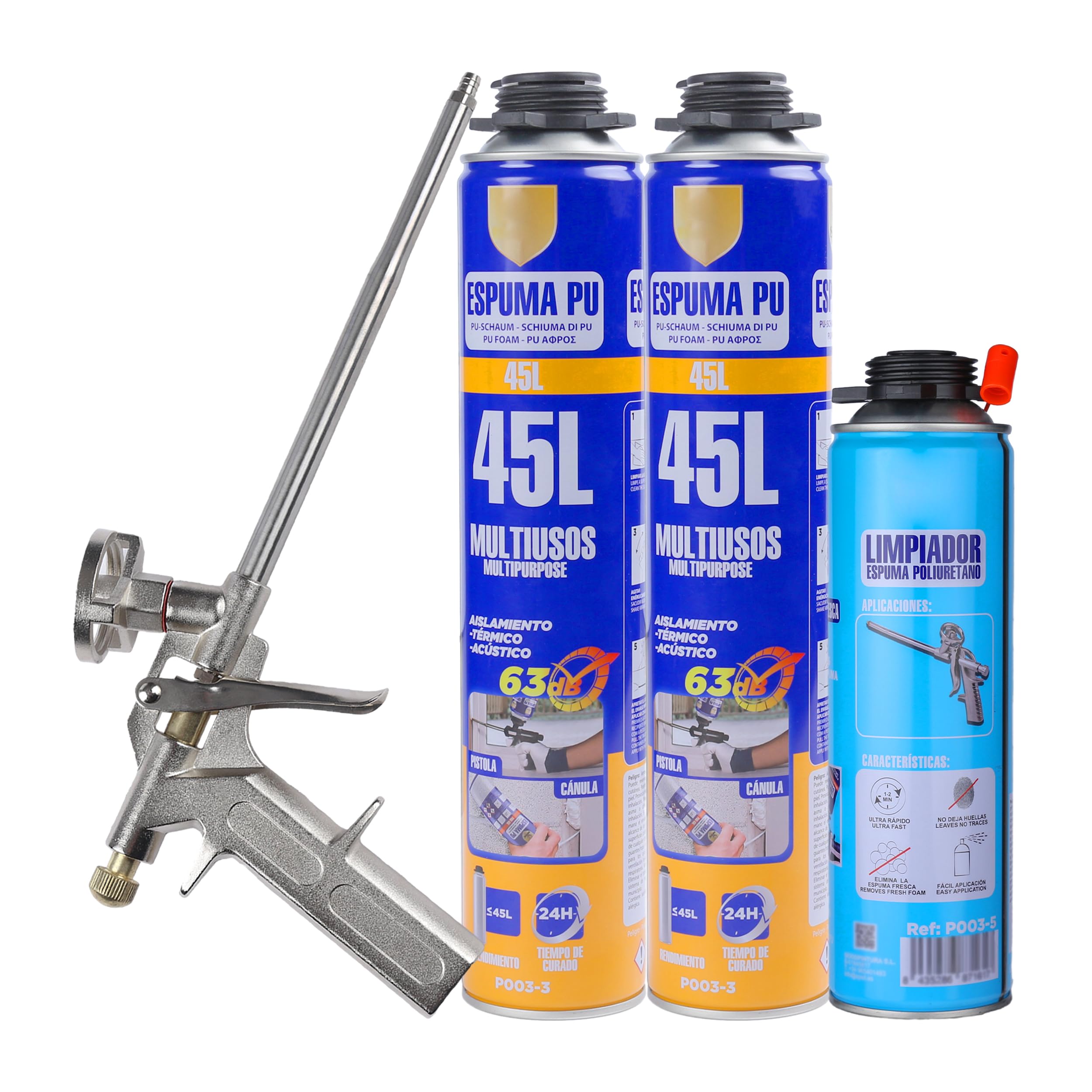 Kit de Espuma de Poliuretano 2x750ml + Pistola + Limpiador 500ml para Sellado y Aislamiento